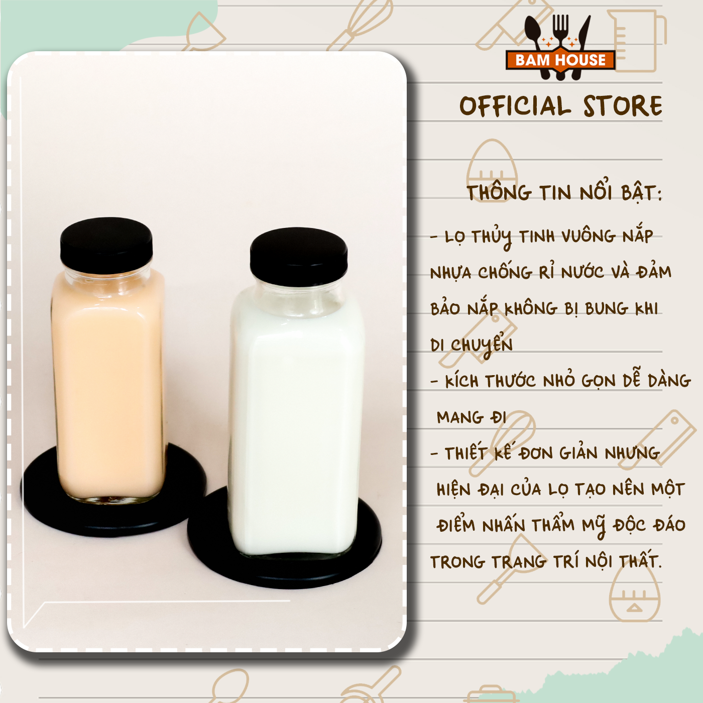 Mô tả Chai thuỷ tinh vuông Bam House dung tích 250ml 350ml nắp nhựa đen cao cấp CSV05 - 1