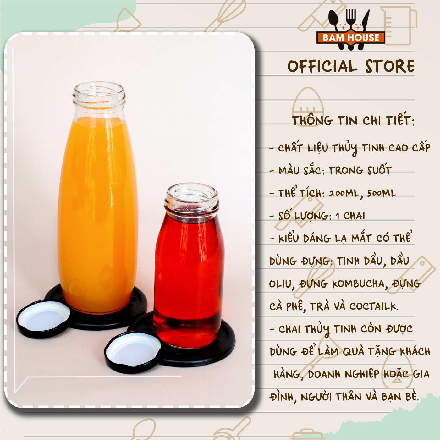 Mô tả Chai thủy tinh cao bầu Bam House nắp thiết dung tích 250ml 500ml cao cấp CSNT04 - 2