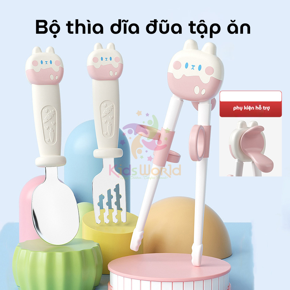 Mô tả Bộ thìa nĩa đũa tập ăn cho bé KidsWorld hình thỏ đũa tập gắp xỏ ngón chống trượt cho bé ăn dặm - 1