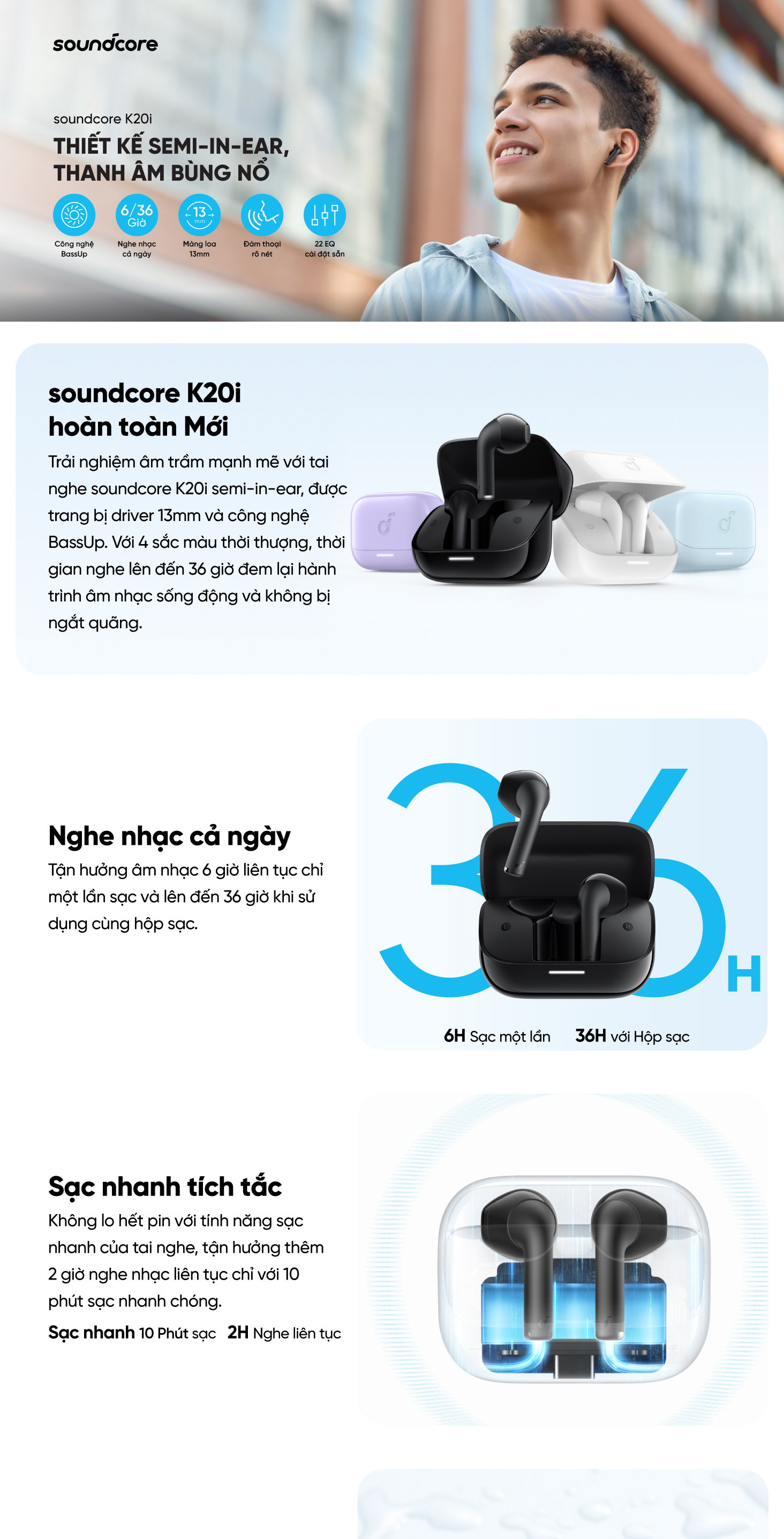 Mô tả Tai nghe bluetooth Semi In-Ear soundcore K20i | Siêu gọn nhẹ | Chống nước IPX5 - 1