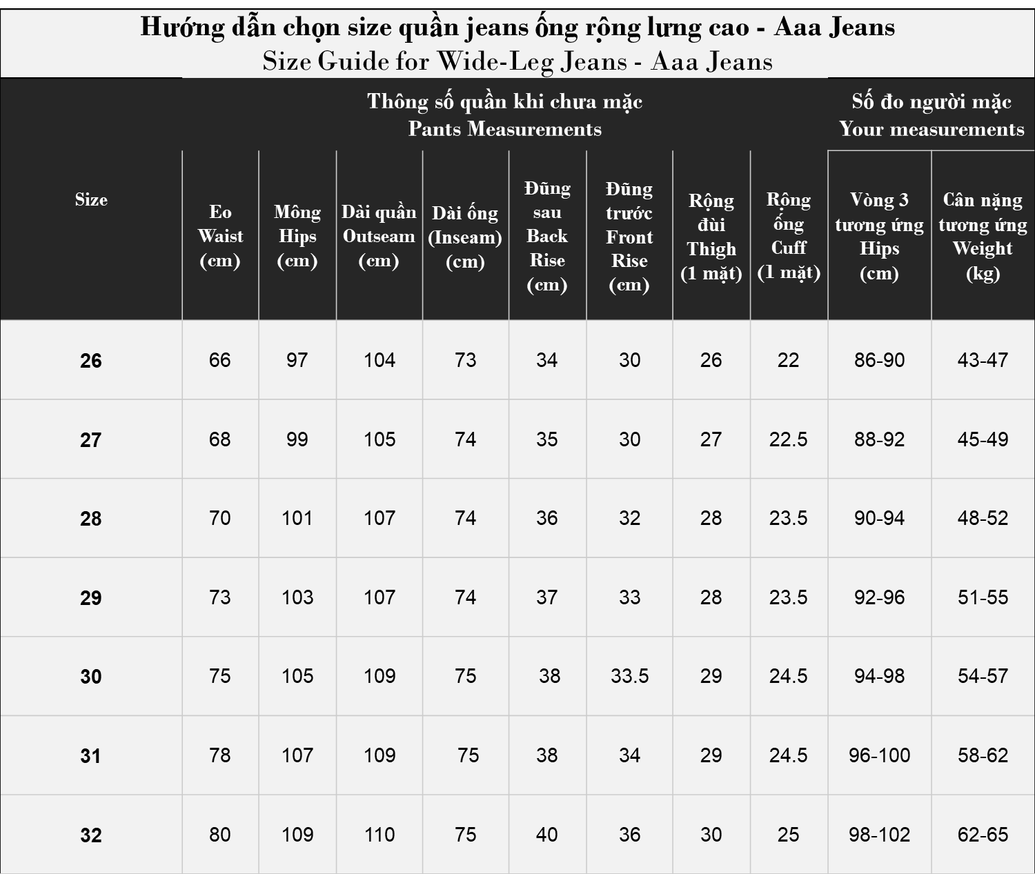 Bảng size Quần jean nữ ống rộng lưng cao Aaa Jeans