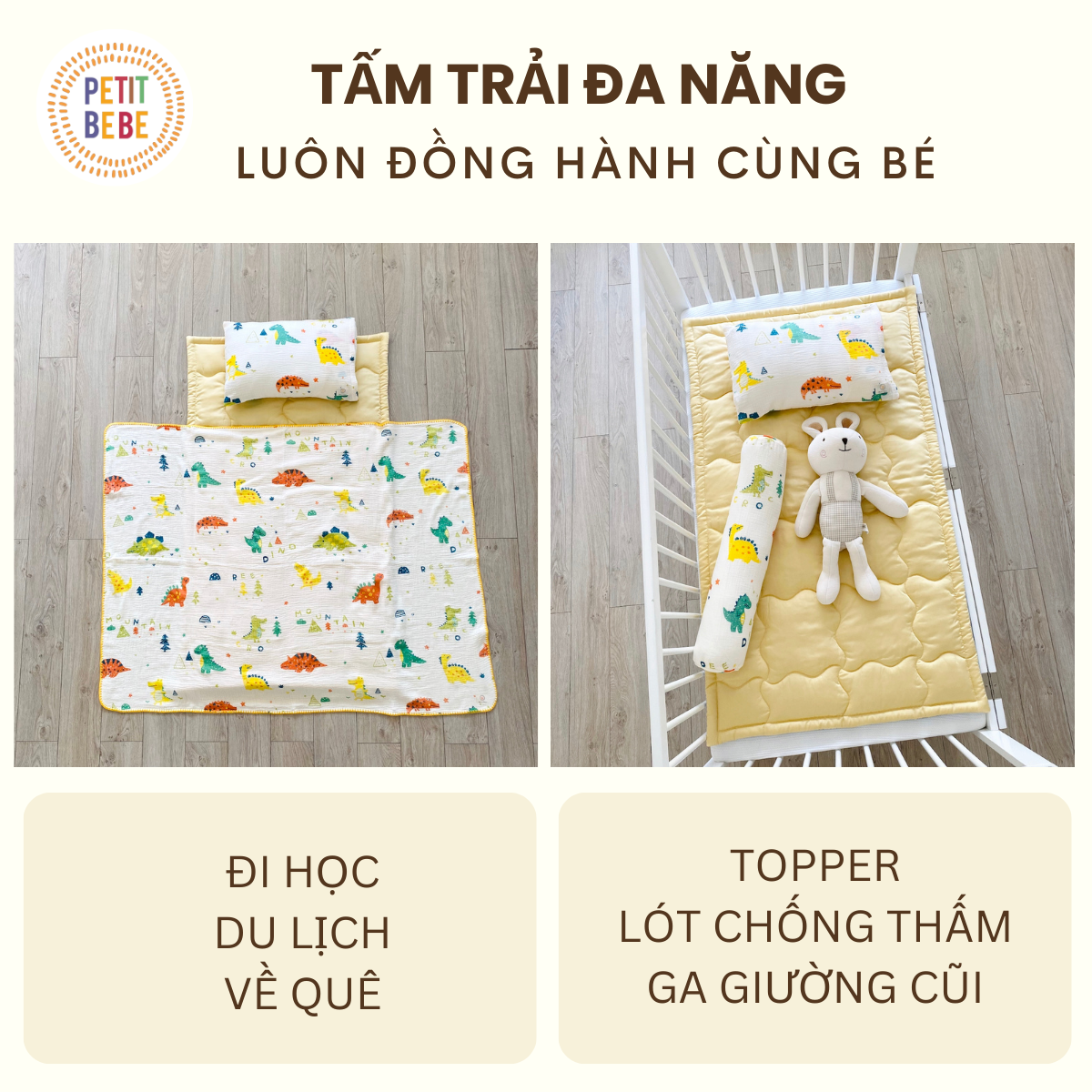 Mô tả Tấm trải nằm cho bé 70x120cm màu kem TENCEL 60s Petit Bebe chống thấm đi học mẫu giáo du lịch topper - 3