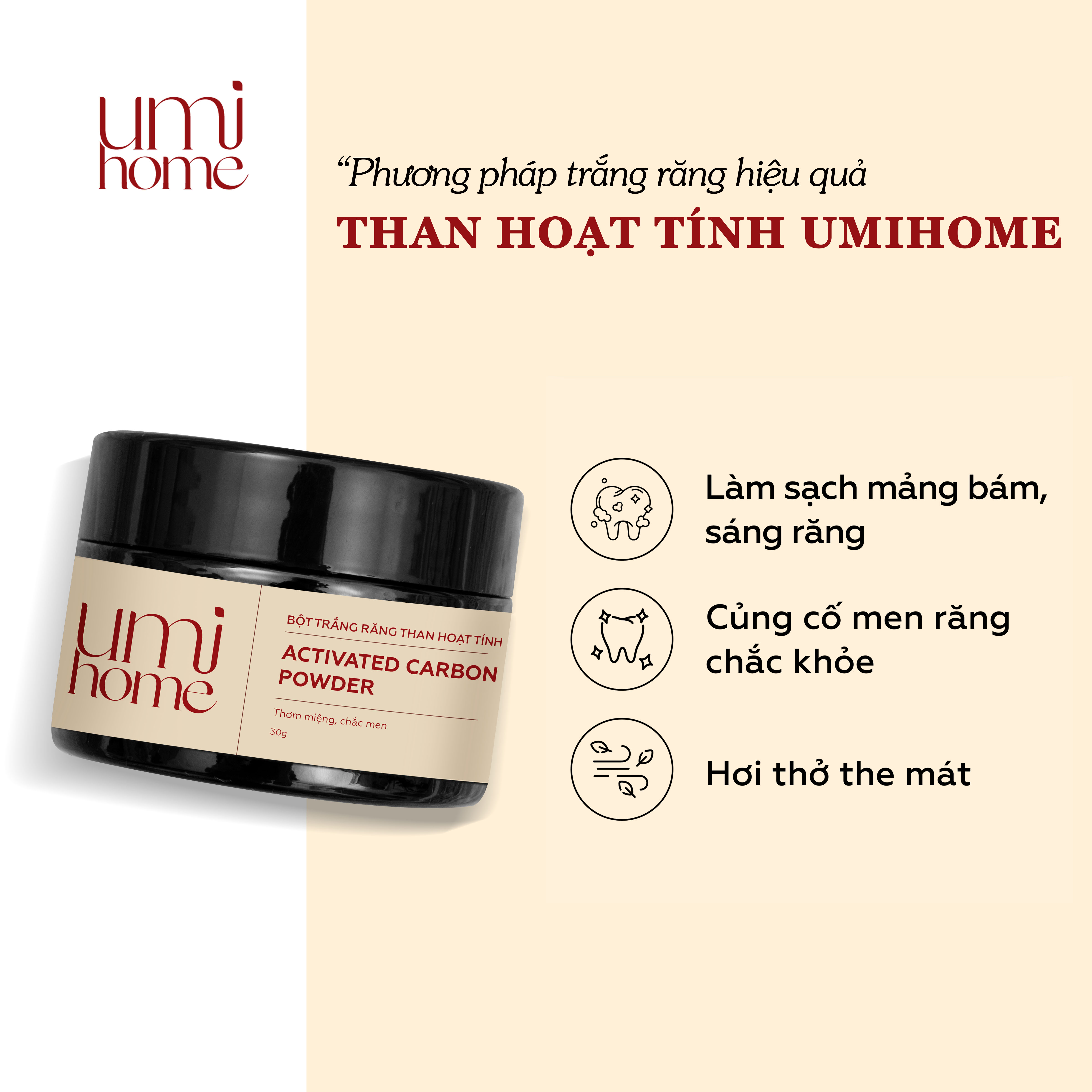 Mô tả Than hoạt tính trắng răng UMIHOME (30g) - Răng trắng với than hoạt tính bột than tre đánh trắng răng - 1