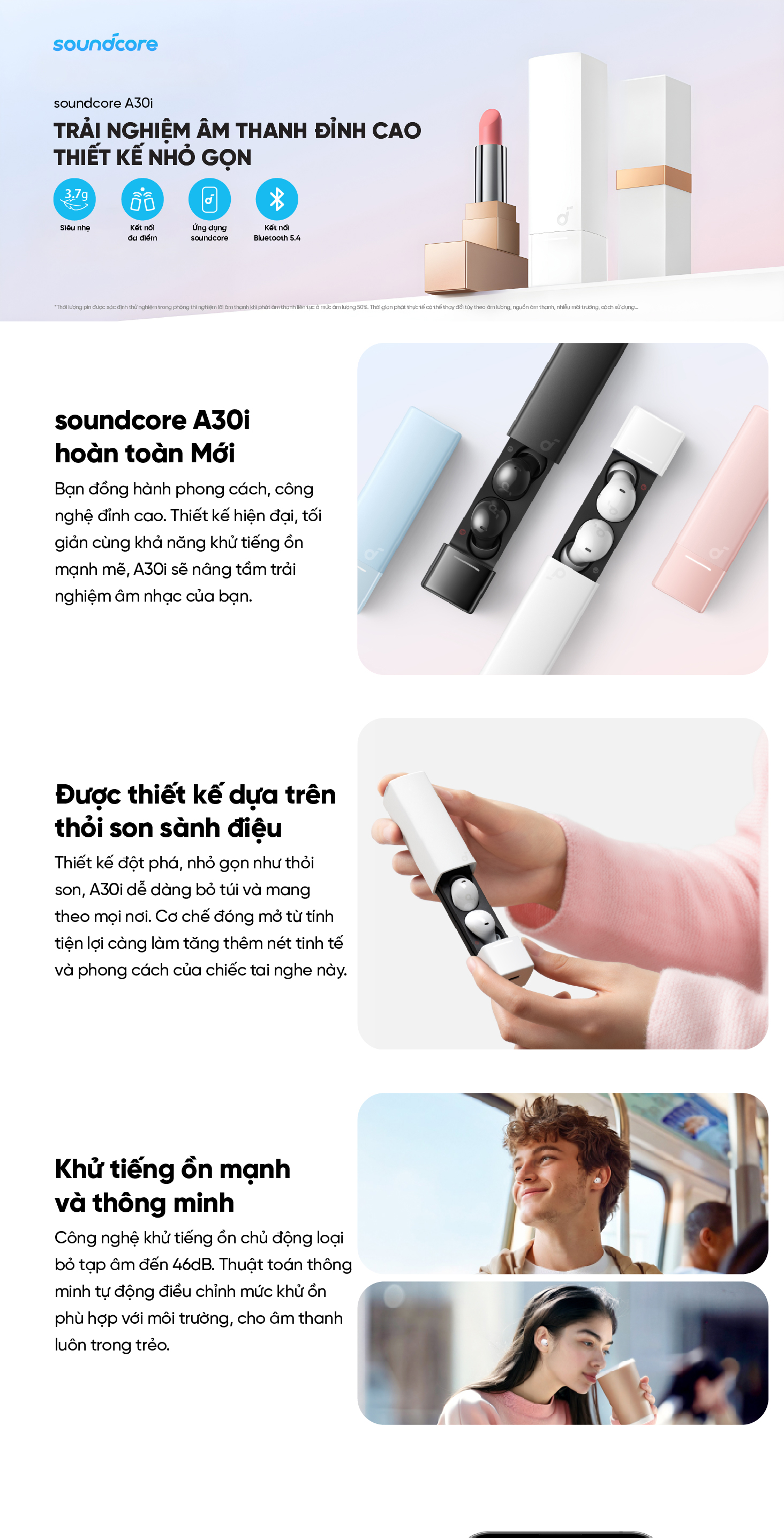 Mô tả Tai nghe không dây soundcore A30i thiết kế thỏi son nhỏ gọn | Chống ồn ANC | Chống nước IP54 - 1