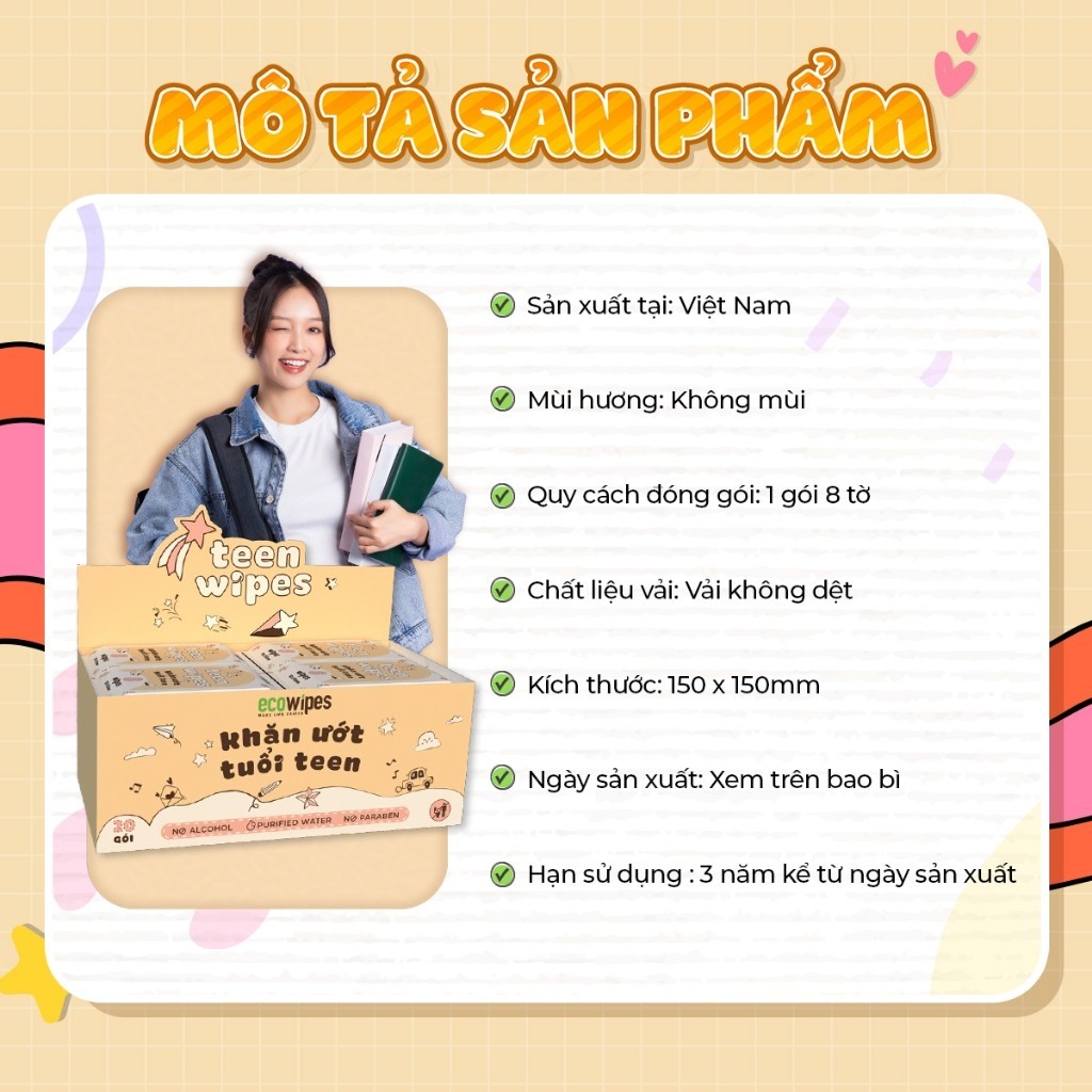 Mô tả Khăn Ướt Mini ECOWIPES Teen Wipes Không Mùi, Vải Không Dệt Daily Beauty - 5