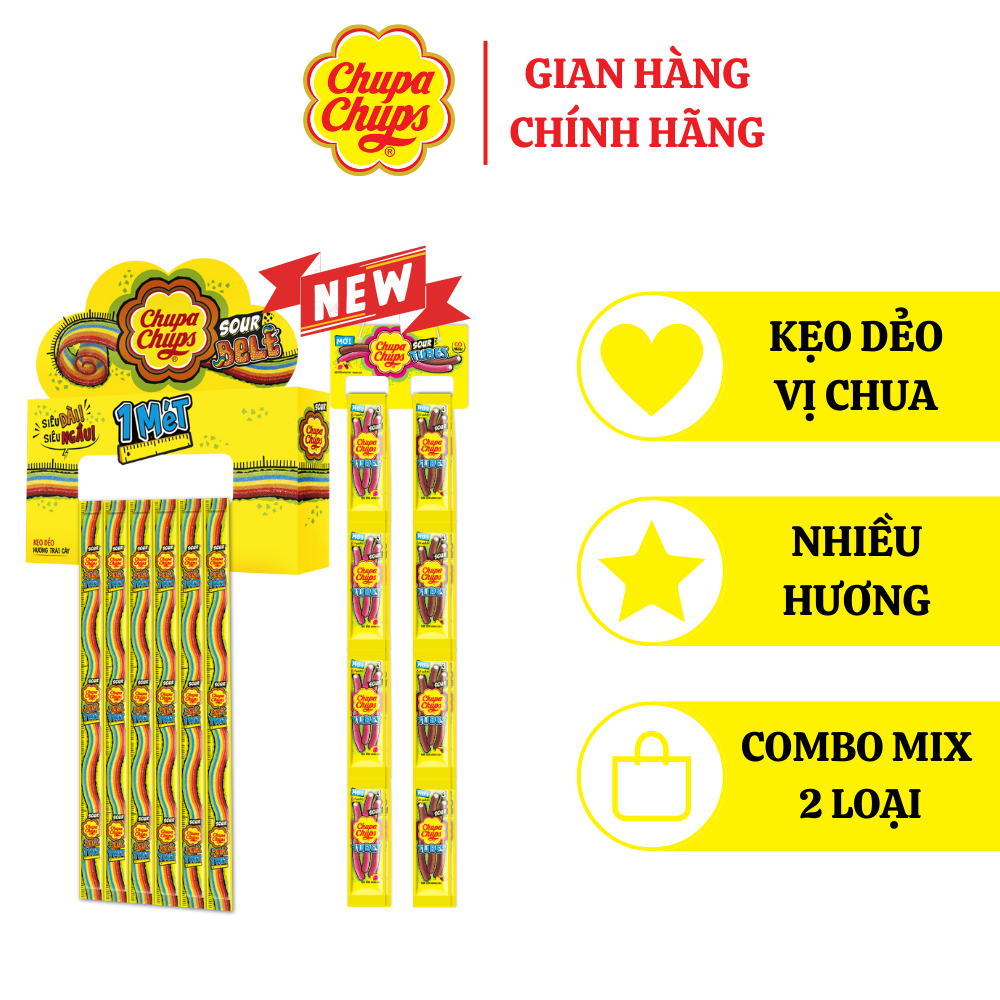 Mô tả COMBO Hộp Kẹo dẻo vị chua Chupa Chups hương trái cây hỗn hợp và dạng ống Hương Dâu và Cola - 1