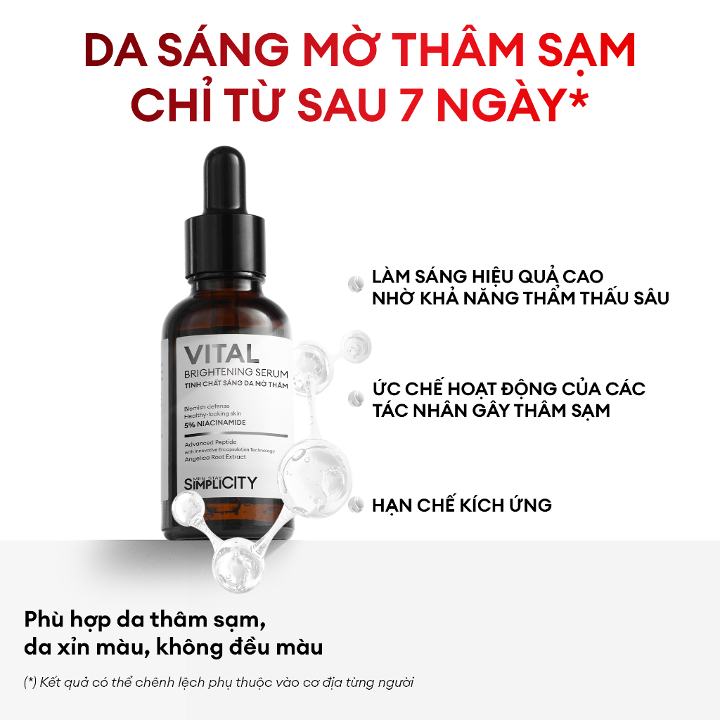 Serum Vital dưỡng trắng mờ thâm cho nam phức hợp Peptide + 5% Niacinamide Men Stay Simplicity 30ml