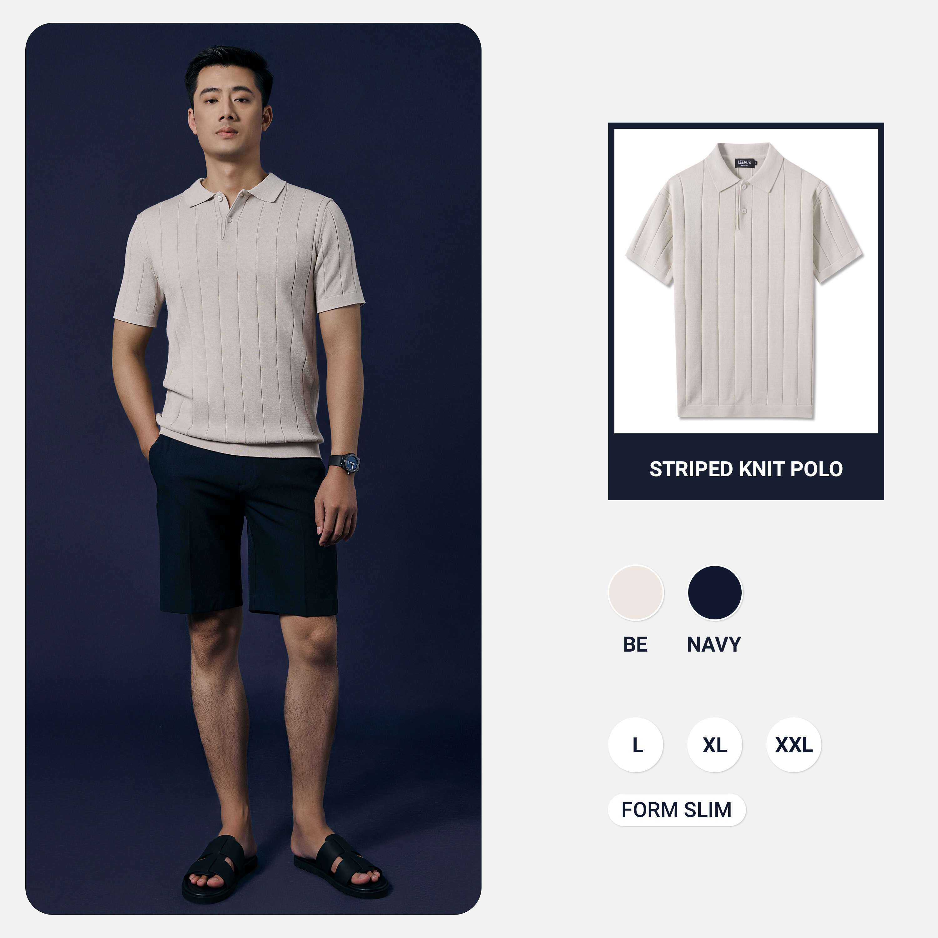 Mô tả Áo polo LEN DỆT KIM STRIPED KNIT xanh navy cao cấp, kiểu dáng classic Hàn Quốc sang trọng - LEEVUS APL331 - 1
