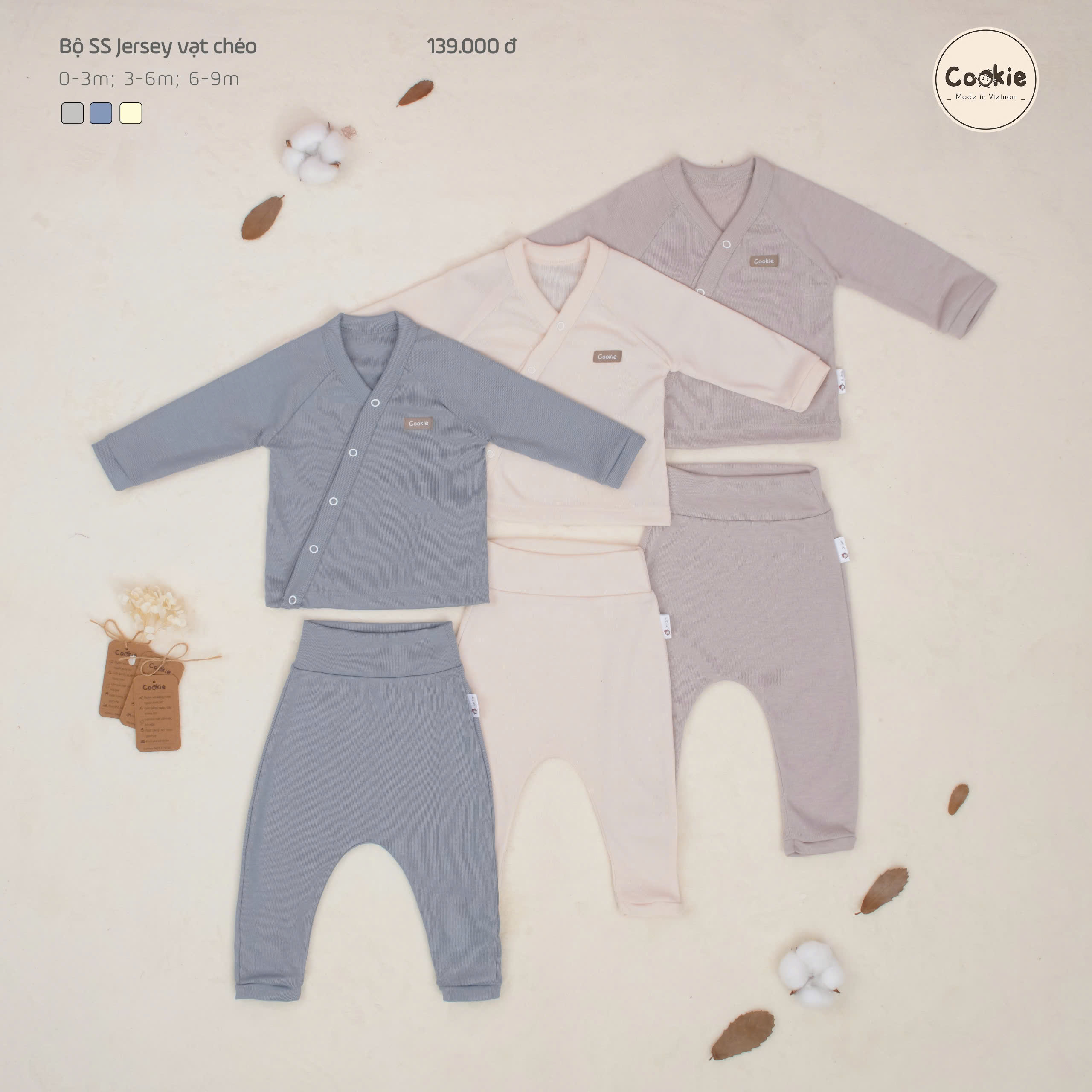 Mô tả Bộ Sơ Sinh Jersey COOKIE, Bộ Quần Áo Sơ SInh Jersey Vạt Chéo Cho Bé Từ 0 Đến 9 Tháng - 1