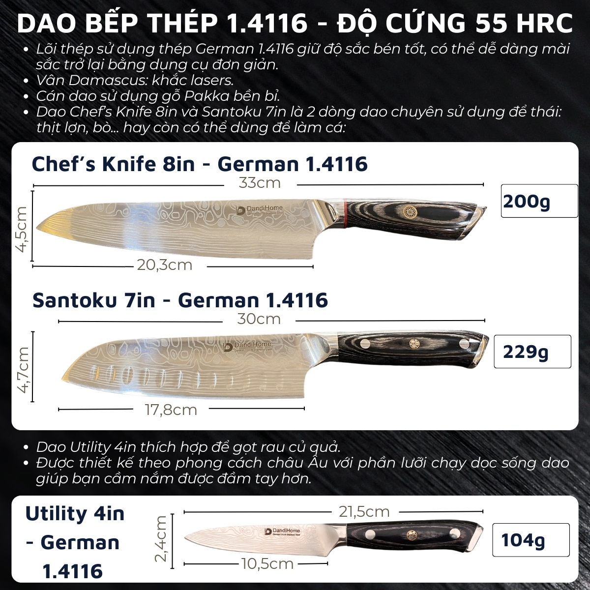 Mô tả Dao nhà bếp thái đa năng DandiHome cao cấp (SẢN PHẨM LẺ) - 2