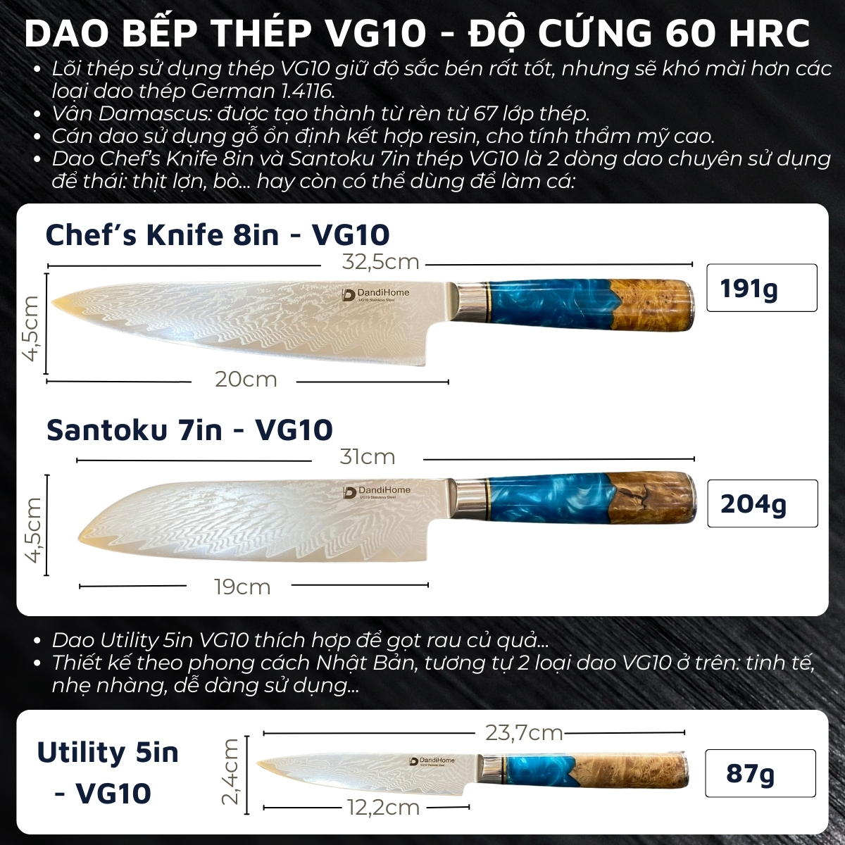 Mô tả Dao nhà bếp thái đa năng DandiHome cao cấp (SẢN PHẨM LẺ) - 3