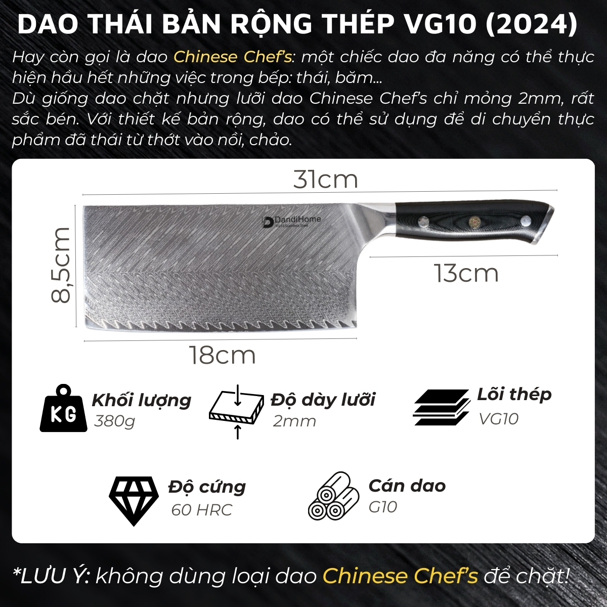 Mô tả Dao nhà bếp thái đa năng DandiHome cao cấp (SẢN PHẨM LẺ) - 6
