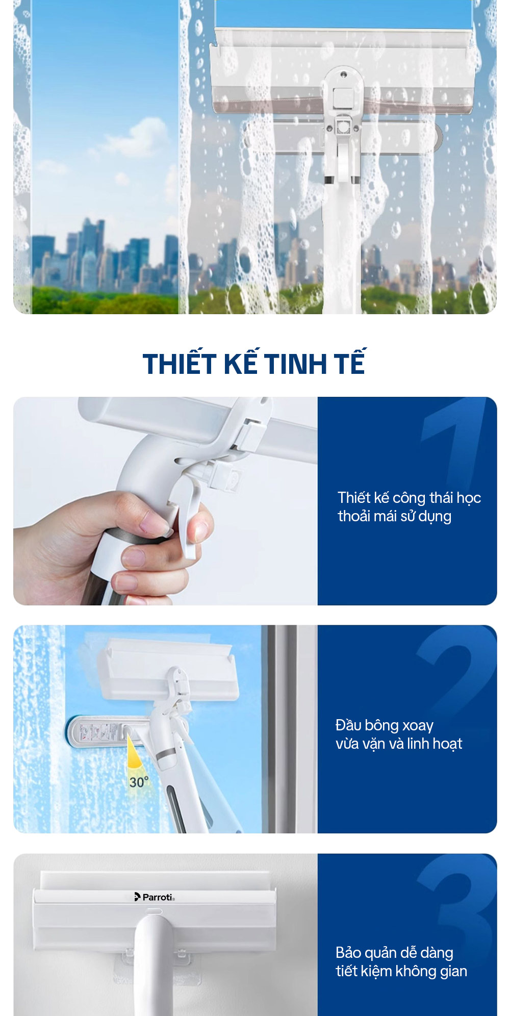 Mô tả Cây Lau Kính Thông Minh 4 Trong 1, Có Phun Sương, Gạt Nước, Thu Nước Bẩn, Cán Nhôm Độ Dài Linh Hoạt Parroti Shiny SN04 - 10