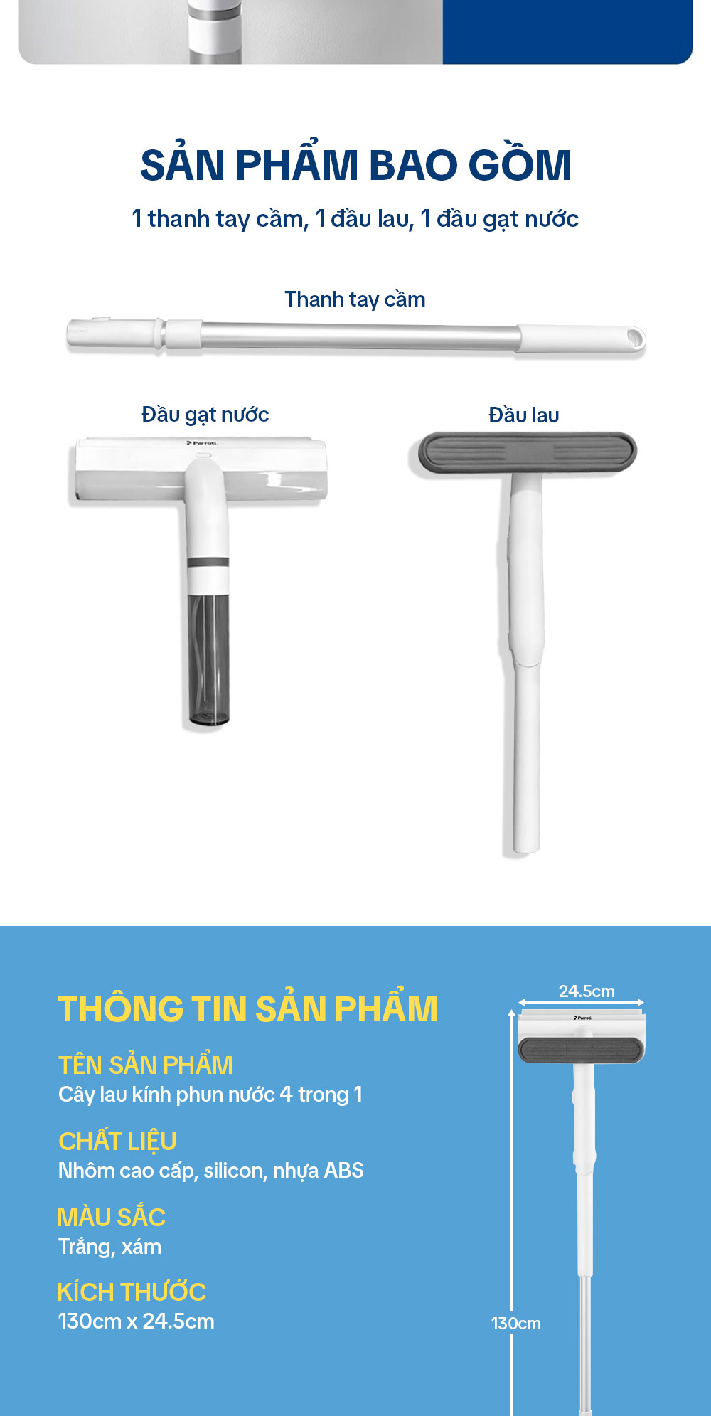 Mô tả Cây Lau Kính Thông Minh 4 Trong 1, Có Phun Sương, Gạt Nước, Thu Nước Bẩn, Cán Nhôm Độ Dài Linh Hoạt Parroti Shiny SN04 - 11
