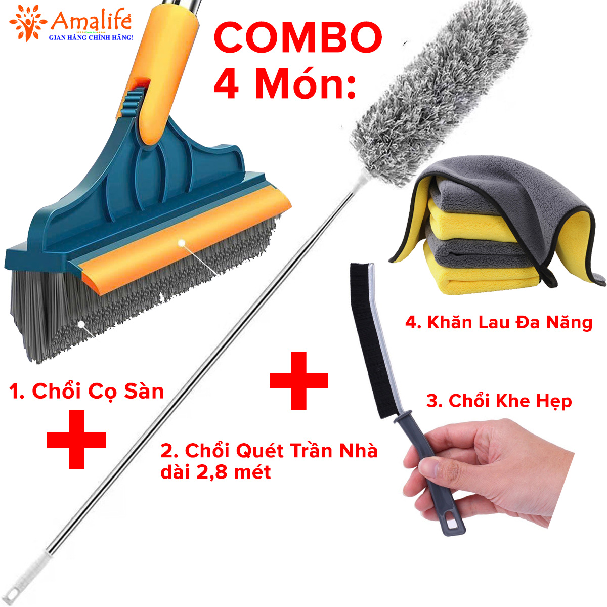 Mô tả Combo Dọn Nhà 4 Món : Chổi Chà Cọ Nhà Vệ Sinh + Chổi Quét Trần Nhà + Bàn Chải Khe Hở Góc Cạnh + Khăn Lau Đa Năng Amalife - 1
