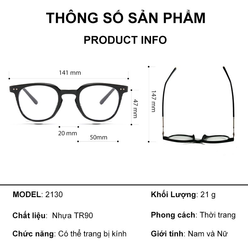 Mô tả Gọng kính cận thời trang nam nữ ANDU EYEWEAR dáng vuông LUTTO chất liệu nhựa cứng cáp - 2130 - 2