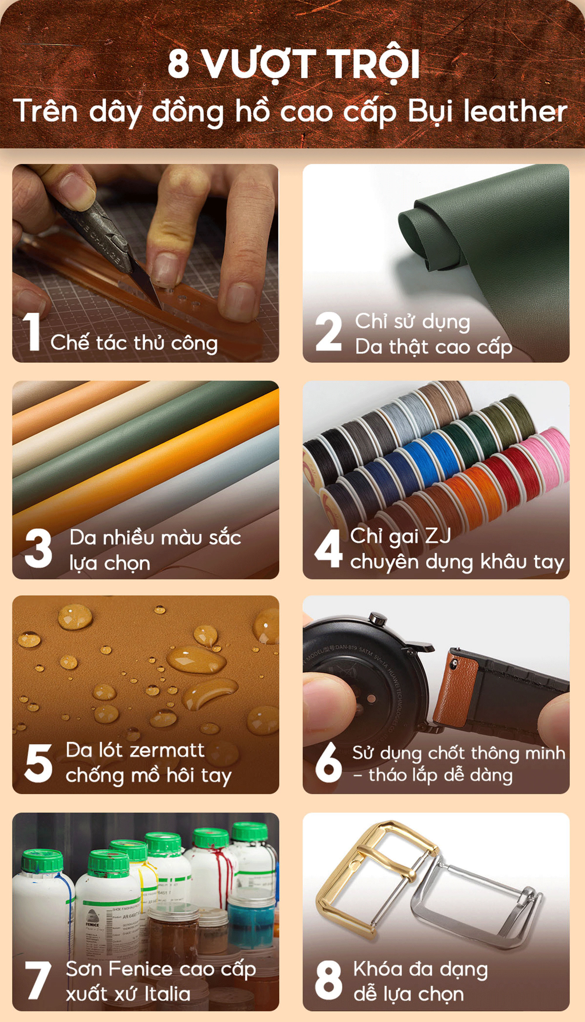 Mô tả Dây đồng hồ nam da sáp ngựa điên- khâu tay thủ công D111 size 18mm, 20mm, 22mm, 24mm-Bụi Leather - 3