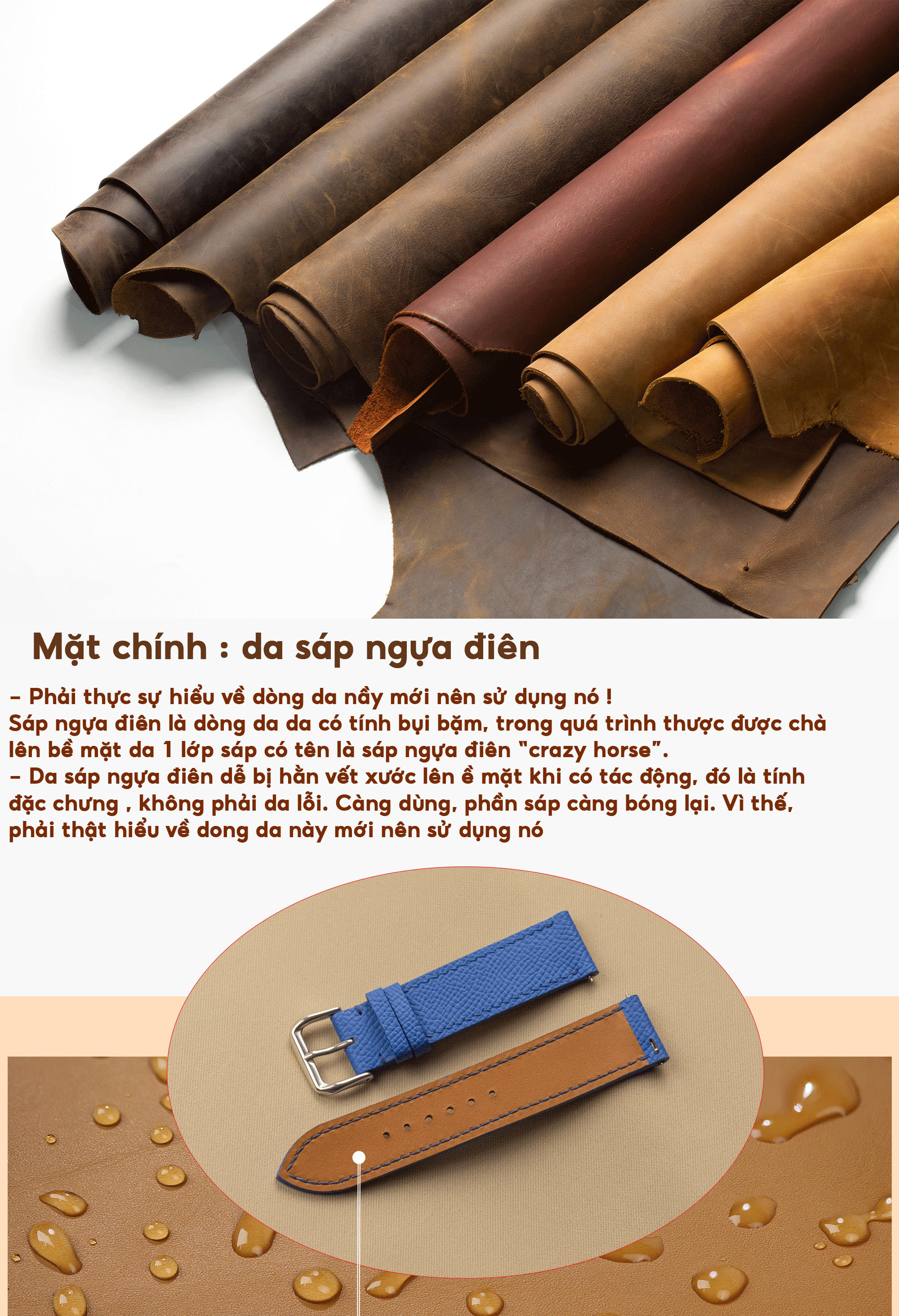 Mô tả Dây đồng hồ nam da sáp ngựa điên- khâu tay thủ công D111 size 18mm, 20mm, 22mm, 24mm-Bụi Leather - 4