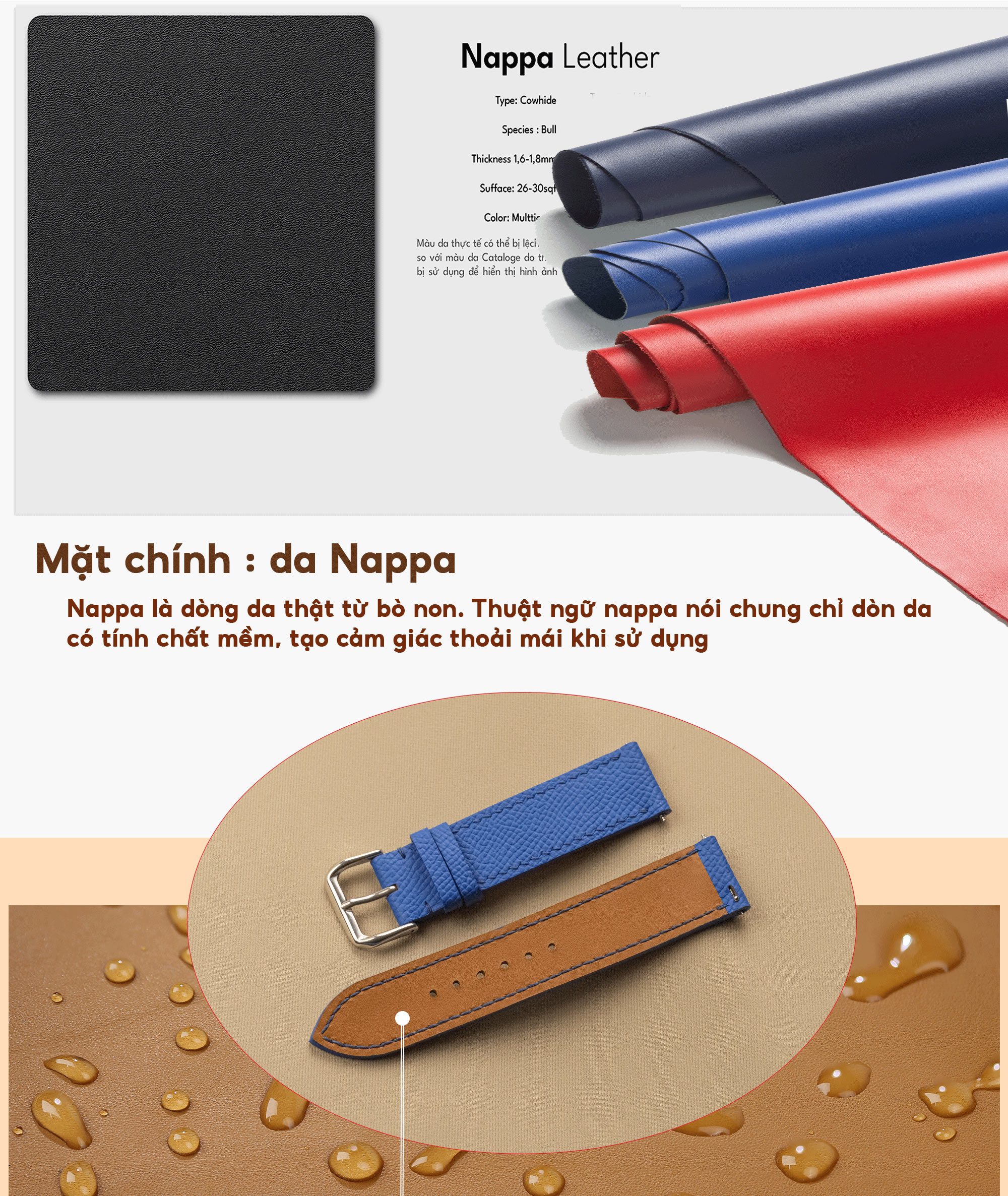 Mô tả Dây đồng hồ nữ da bò nappa- khâu tay thủ công D101B size 10mm, 12mm, 14mm, 16mm, 18mm-Bụi Leather - 4