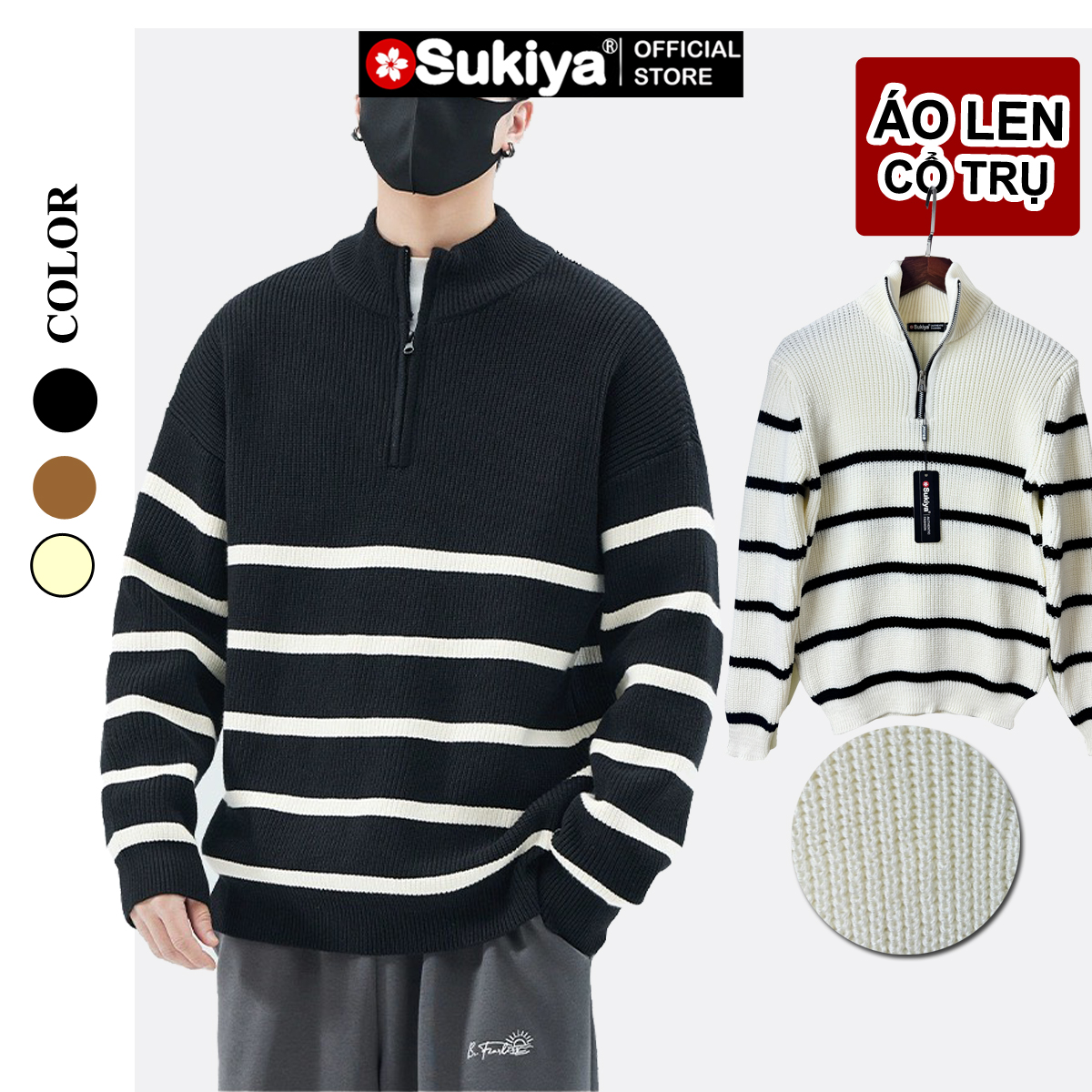 Mô tả SUKIYA _Áo Len Nam Kẻ Kéo Khóa Cổ Cao UNISEX Chất Dày Dặn Mẫu Mới AL81 - 1