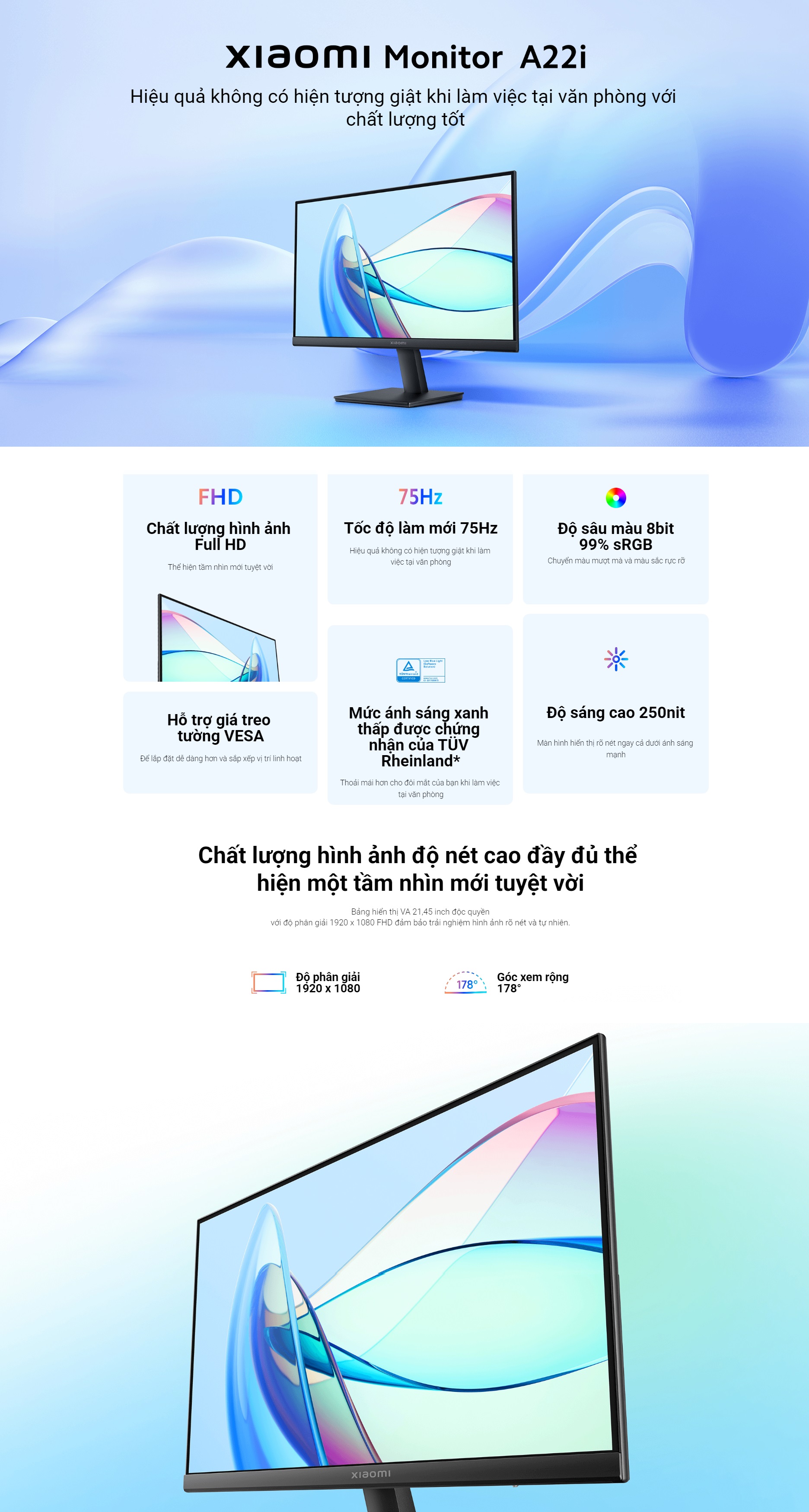 Mô tả Màn Hình Máy Tính Xiaomi Monitor A22i EU (21.45inch / 75Hz / FullHD) - Phiên Bản Quốc tế, Bảo Hành 36 Tháng - 1