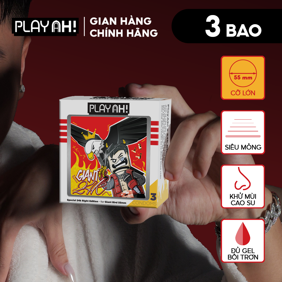 Mô tả Bao cao su size to PlayAh! Siêu Mỏng 55mm Giant Invisible 24K.Right - Hộp 3/10 Cái - 3