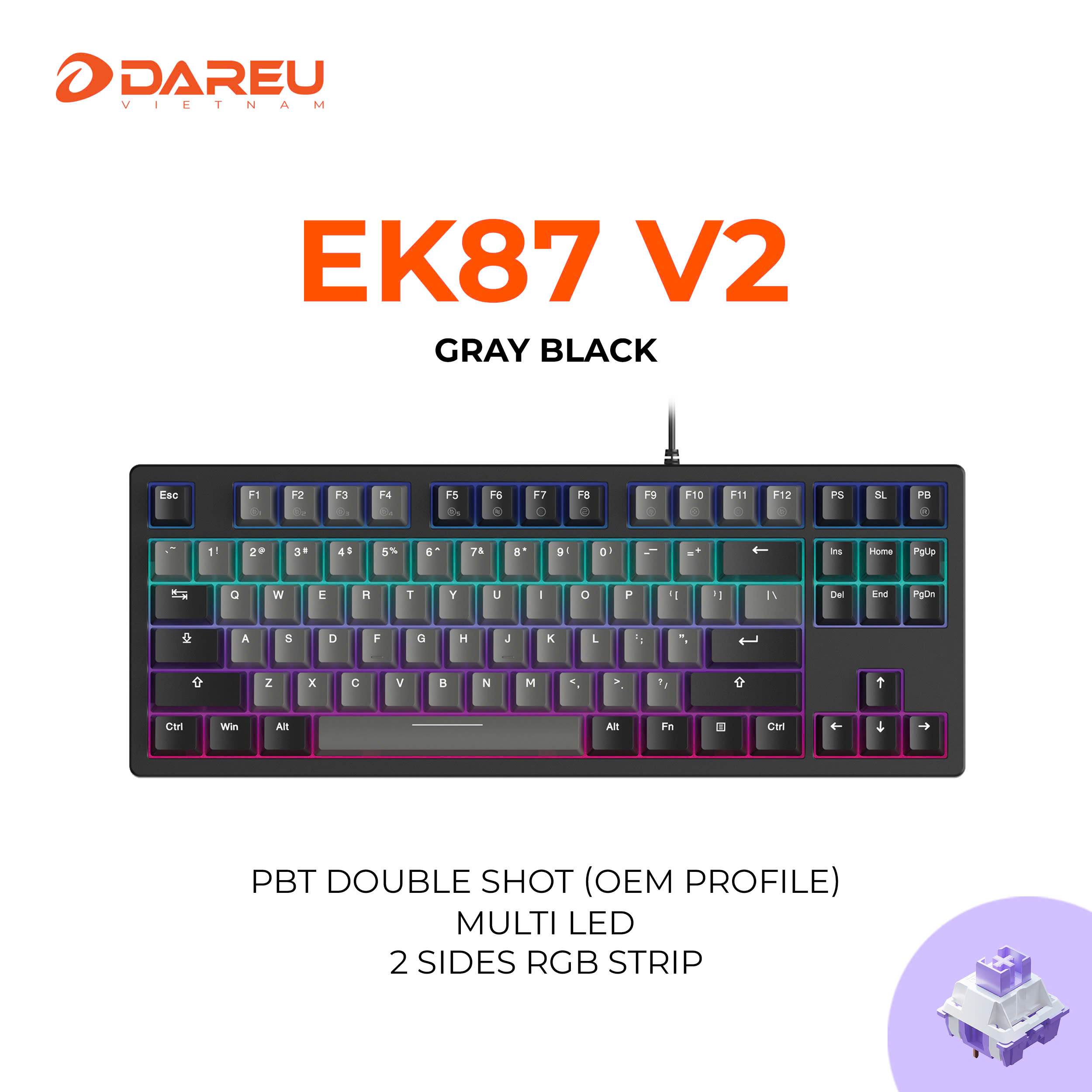 Bàn phím cơ DAREU EK87 V2 White Black (2 sides RGB strip, Multi-Led ...