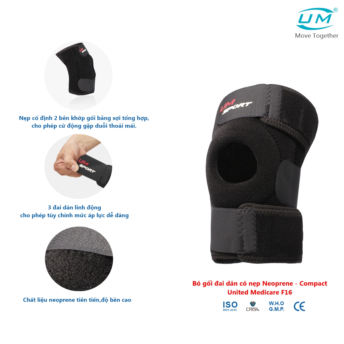 Mô tả Bó Gối Đai Dán Có Nẹp Neoprene - Compact UM F16 [United Medicare] [1 Cái]. Tiêu Chuẩn Châu Âu - 1