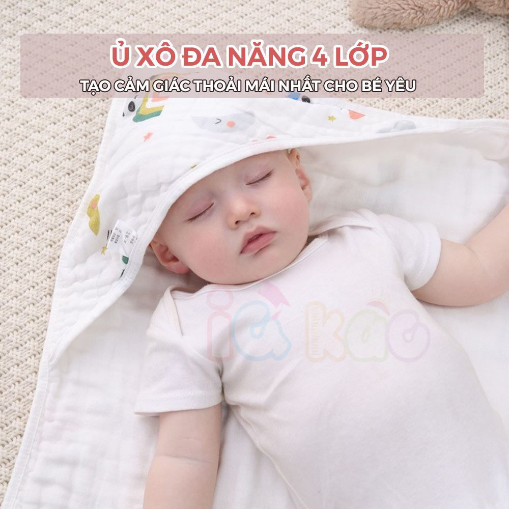 Mô tả Khăn Quấn Ủ Xô Vuông 4 Lớp Có Mũ Organic IQKao Cho Bé Sơ Sinh, chăn ủ choàng Chất Liệu Xô đa năng thoáng mồ hôi UC07 - 1