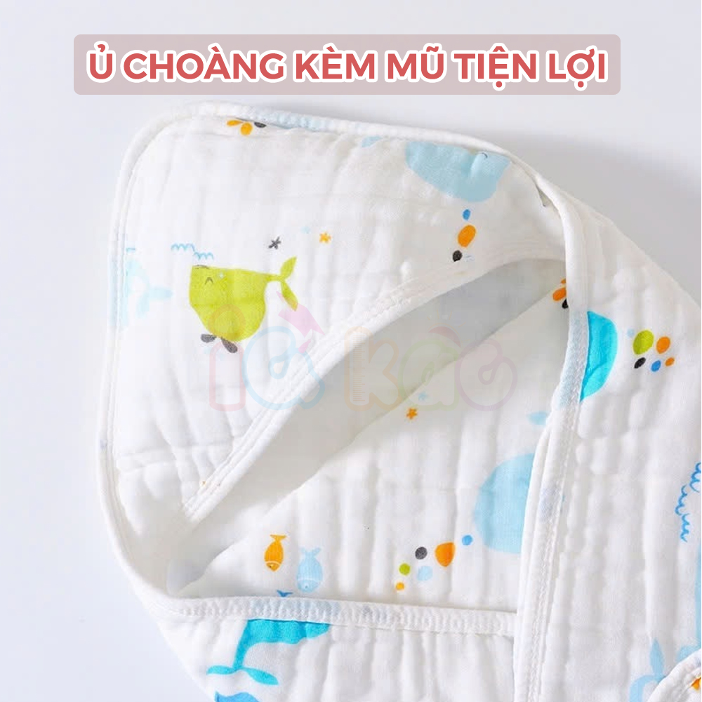 Mô tả Khăn Quấn Ủ Xô Vuông 4 Lớp Có Mũ Organic IQKao Cho Bé Sơ Sinh, chăn ủ choàng Chất Liệu Xô đa năng thoáng mồ hôi UC07 - 6