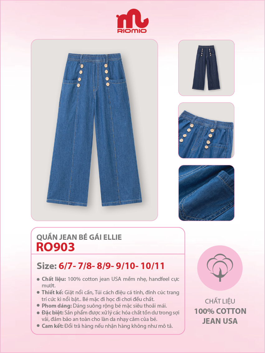 Mô tả Quần jean bé gái ellie Riomio  quần ống suông chất liệu cotton USA mềm mịn-RO903 - 2