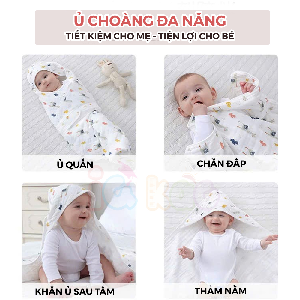 Mô tả Khăn Quấn Ủ Xô Vuông 4 Lớp Có Mũ Organic IQKao Cho Bé Sơ Sinh, chăn ủ choàng Chất Liệu Xô đa năng thoáng mồ hôi UC07 - 9