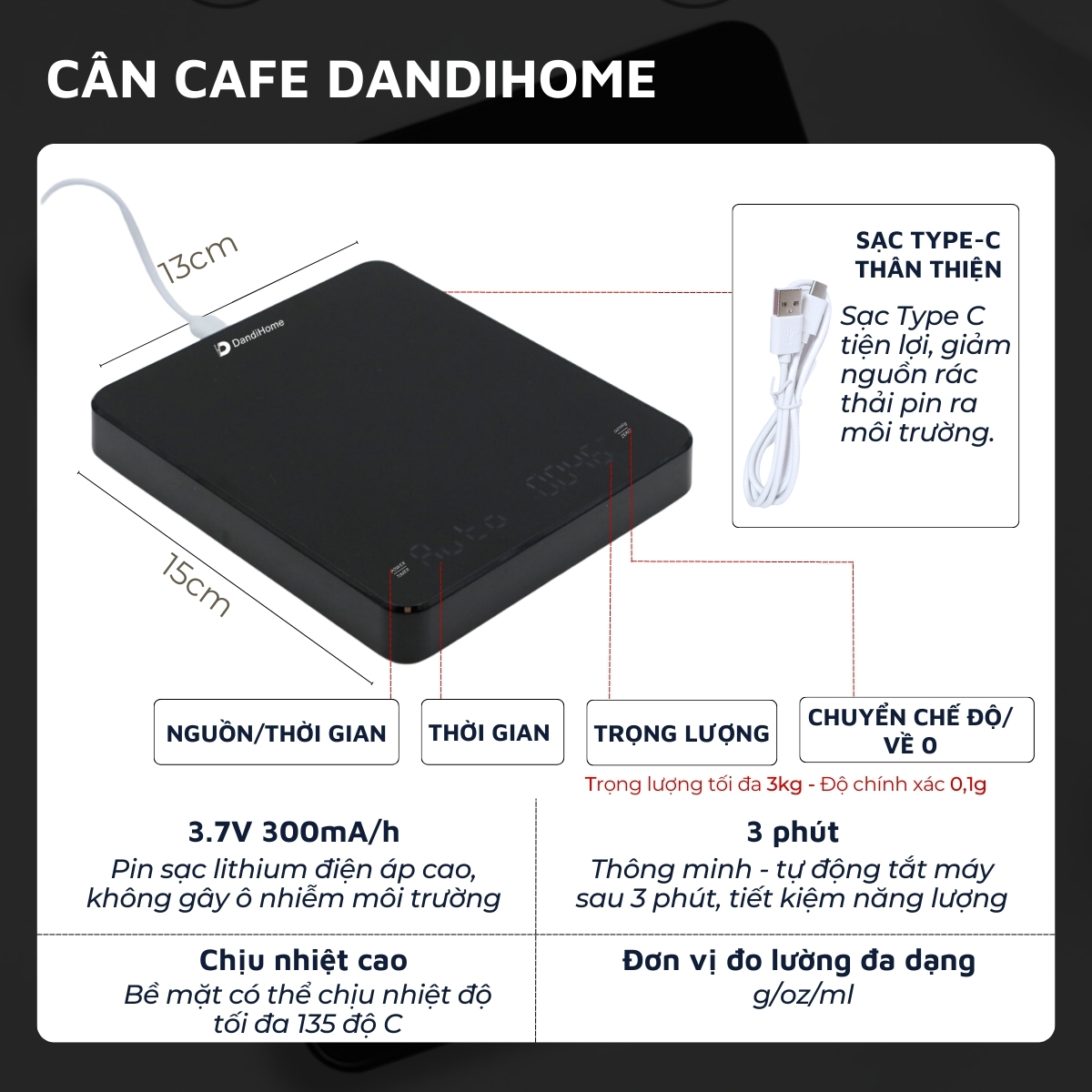 Mô tả Cân tiểu ly điện tử mini nhà bếp, cà phê DandiHome có độ chính xác cao - 4