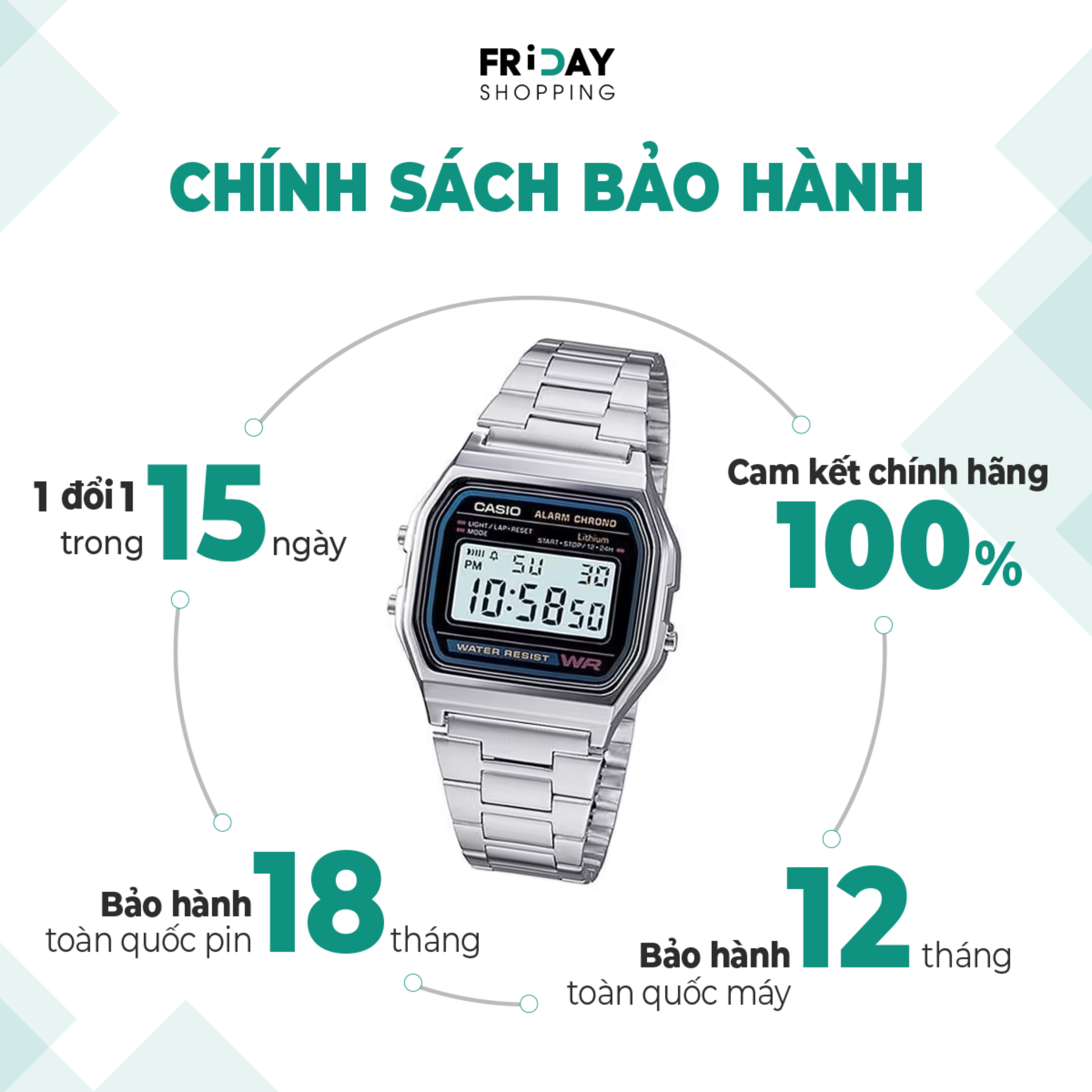 Mô tả Đồng Hồ Casio Nam Điện Tử A158WA-1DF Mặt Vuông Dây Kim Loại Chính Hãng - 3