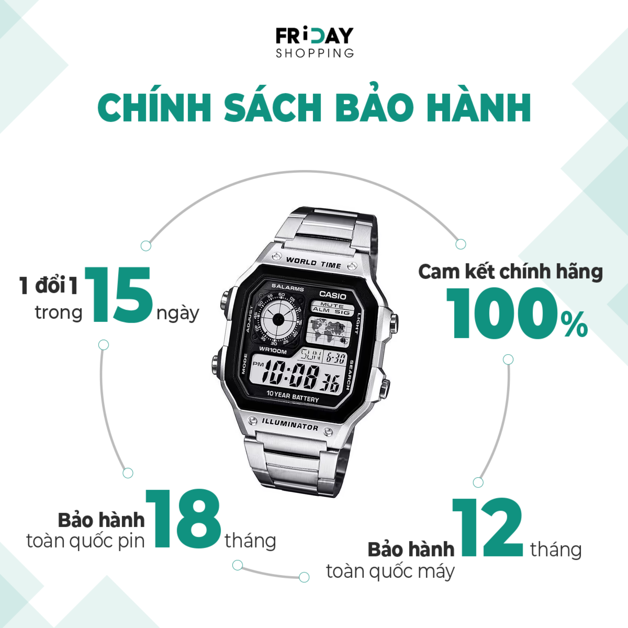 Mô tả Đồng Hồ Casio Nam Điện Tử AE-1200WHD-1AVDF Mặt Vuông Dây Kim Loại Chính Hãng - 4