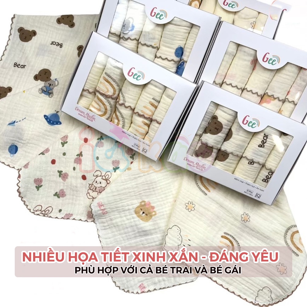 Mô tả Hộp 5 Khăn Sữa Muslin GEE 2 Lớp Cao Cấp - Siêu Thấm Hút, Kháng Khuẩn, Bền Đẹp, Phù Hợp Cho Bé Sơ Sinh S5G1 IQKAO - 7