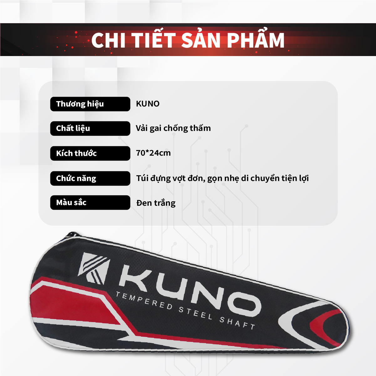 Mô tả Túi Đựng Vợt 1 Ngăn KUNO Chống Thấm Nước, Bào Mòn, Ngăn Chứa Lớn - K001 - 2
