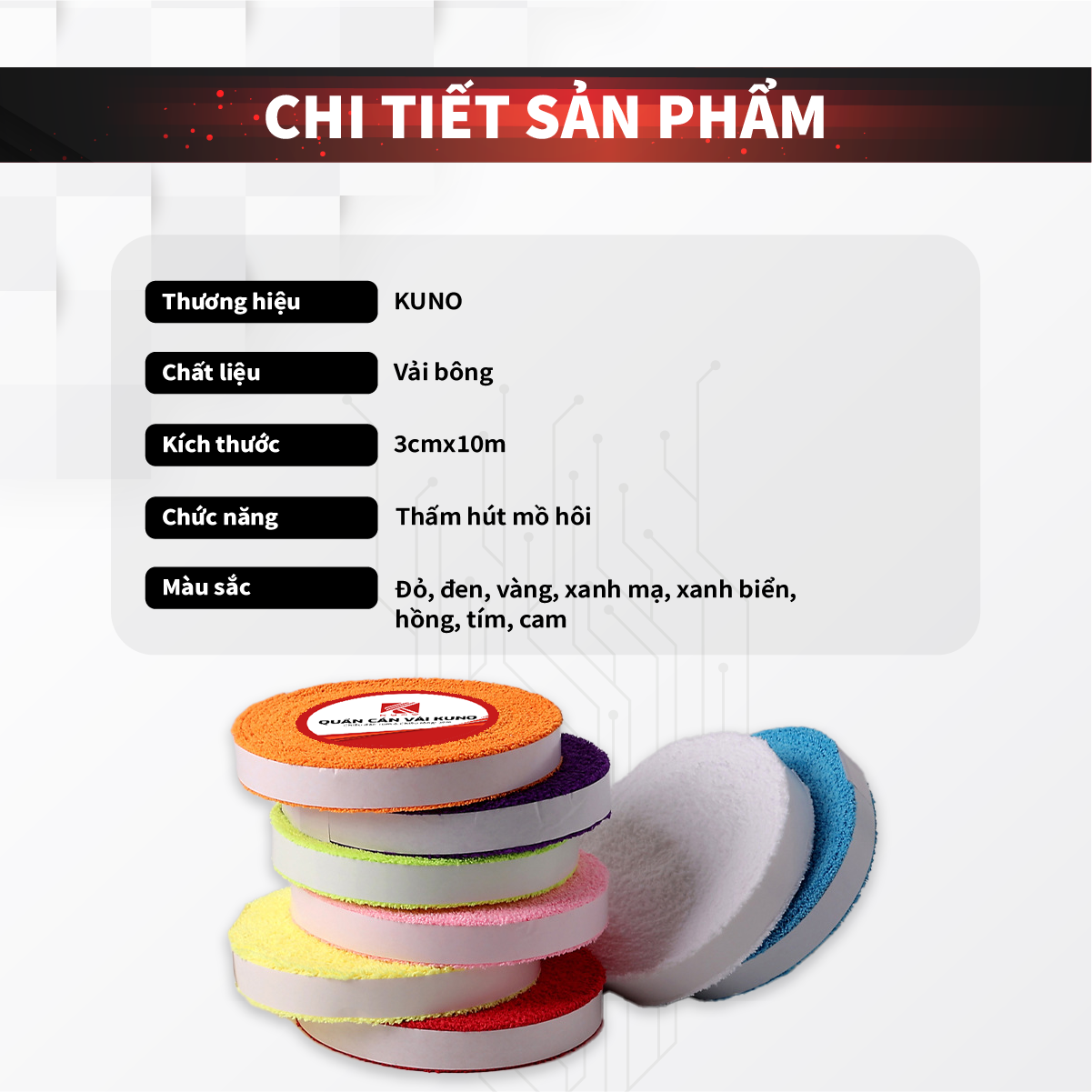 Mô tả Quấn Cấn Vải Siêu Bền, Bám Tay, Thấm Hút Mồ Hôi Cao Cấp, Cuộn 10m - 1