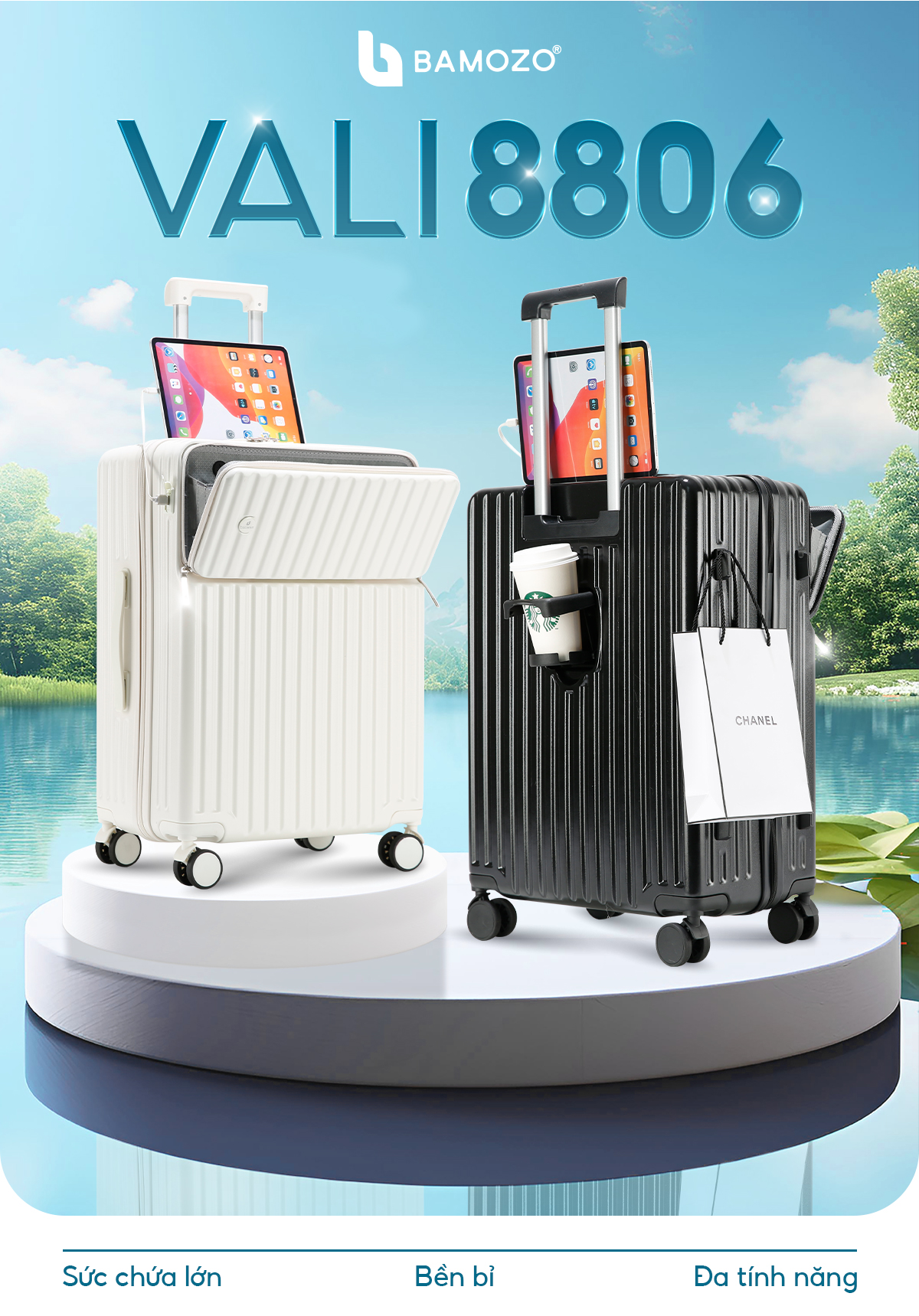 Mô tả Vali Bamozo 8806 Cao Cấp Size 20/24 Nhựa PC Nguyên Khối, Ngăn Đựng Laptop - 1