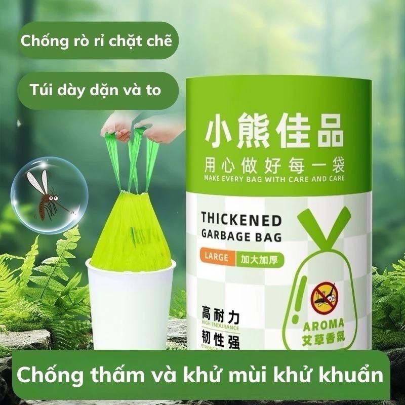 Cuộn túi rác ngải cứu có dây rút, 1 cuộn 50 túi đựng rác ngải cứu chống ...