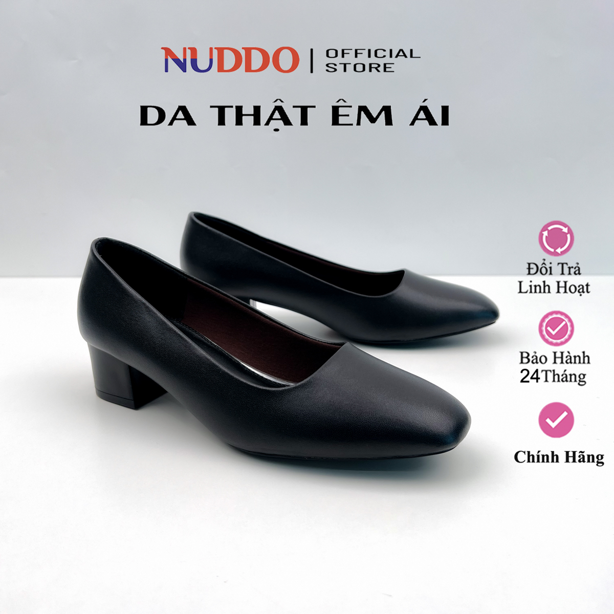 Mô tả Giày Cao Gót Nữ Bít Mũi Đế Vuông 3cm Cao Cấp, Giày Công Sở Nữ Da Thật Mũi Vuông NUDDO N3D01 - 5