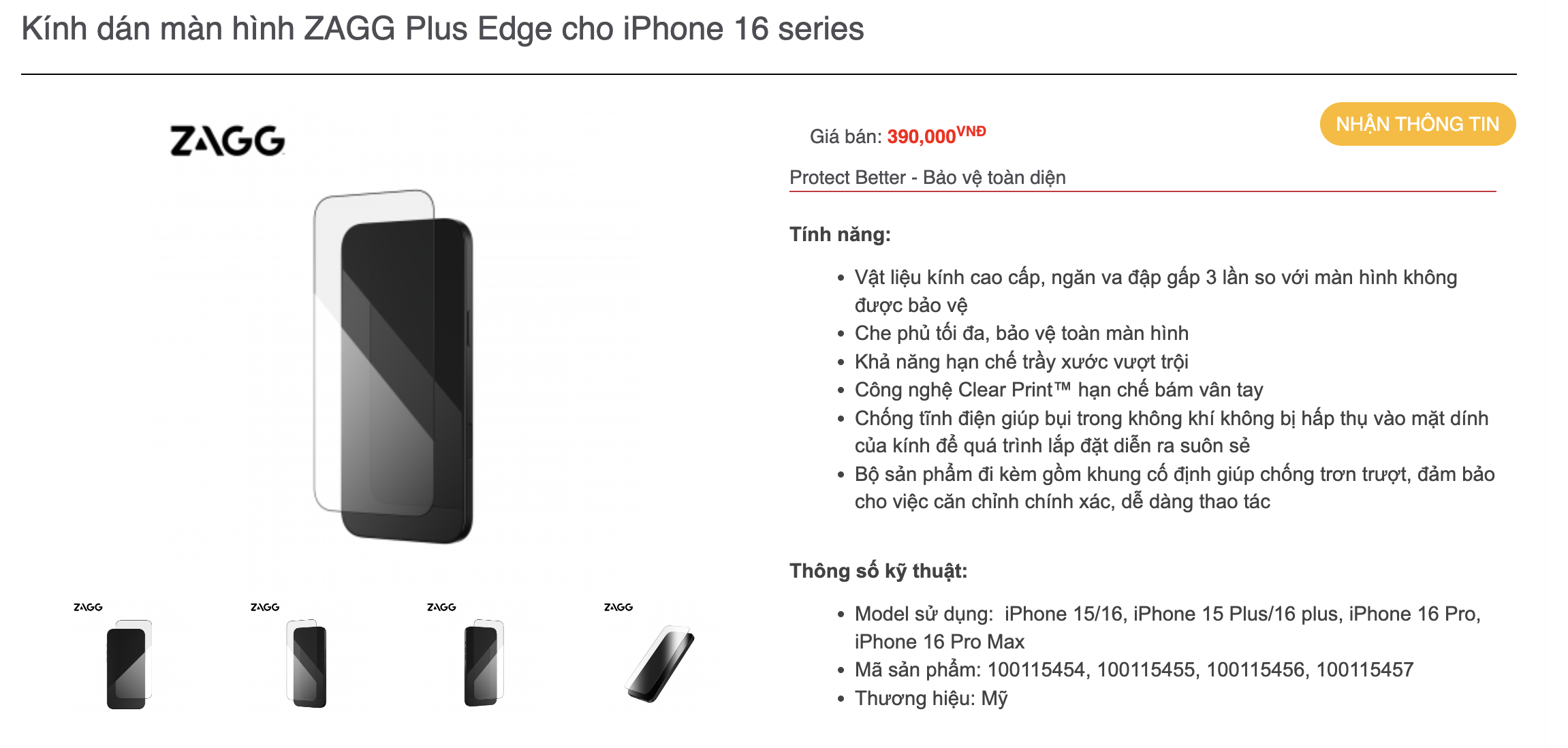 Mô tả Kính dán màn hình ZAGG Plus Edge bảo vệ điện thoại iPhone 15/16 series - 1