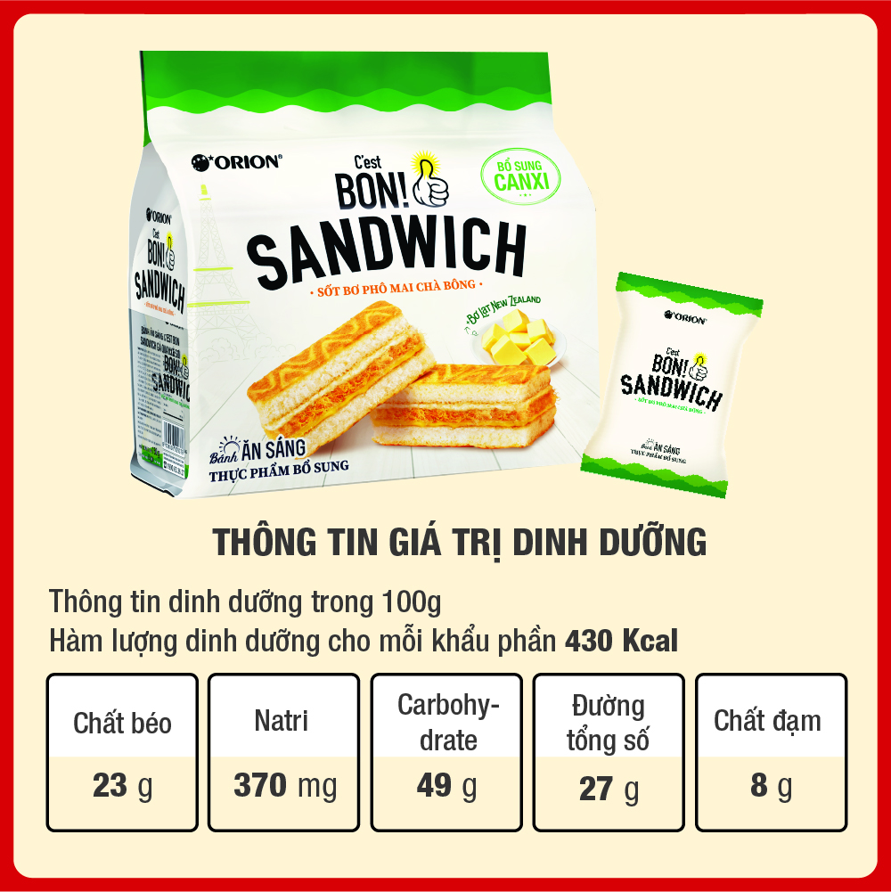 Mô tả Combo 3 gói bánh ăn sáng C'est Bon Sandwich Sốt Bơ Phô Mai Chà Bông Orion (147G x 5) - 2