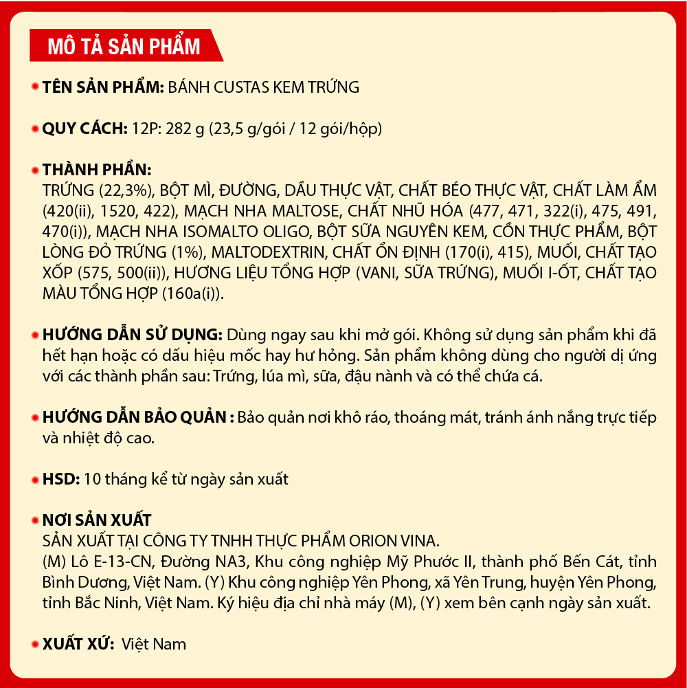 Mô tả Combo 2 Hộp Bánh Orion Custas Nhân Kem Trứng (282g/hộp) - 3