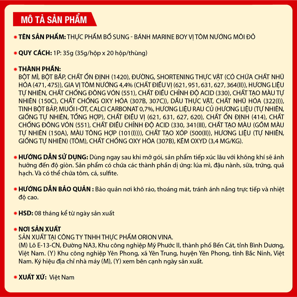 Mô tả Combo 2	Bánh Cá Marine Boy Orion vị Tôm Nướng Môi Đỏ 35g/hộp - 3