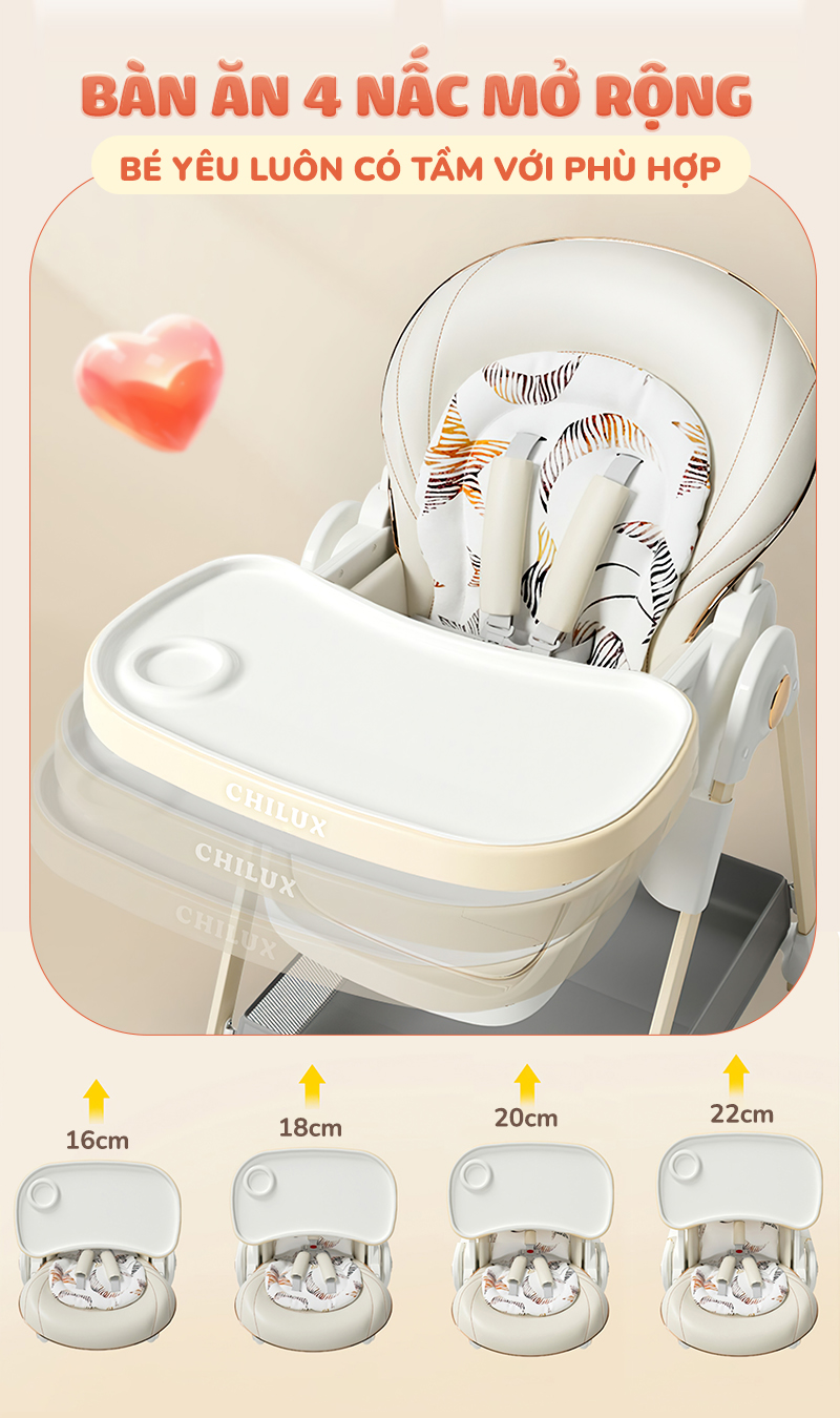 Mô tả Ghế ăn dặm đa năng cao cấp Chilux Grow V Upgrade - Có thể gấp gọn - Bánh xe chống ồn - 6