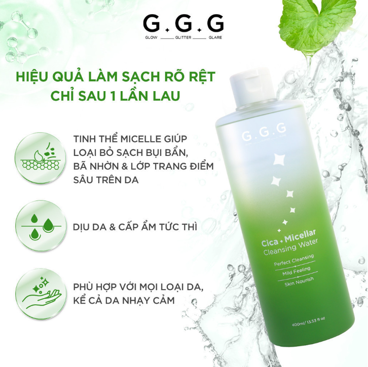 Mô tả COMBO Sạch sâu, Ẩm mịn, Không khô da từ Rau Má - G.G.G Nước Tẩy Trang Cica 400ml & Sửa Rửa Mặt Cica 125gr - 3