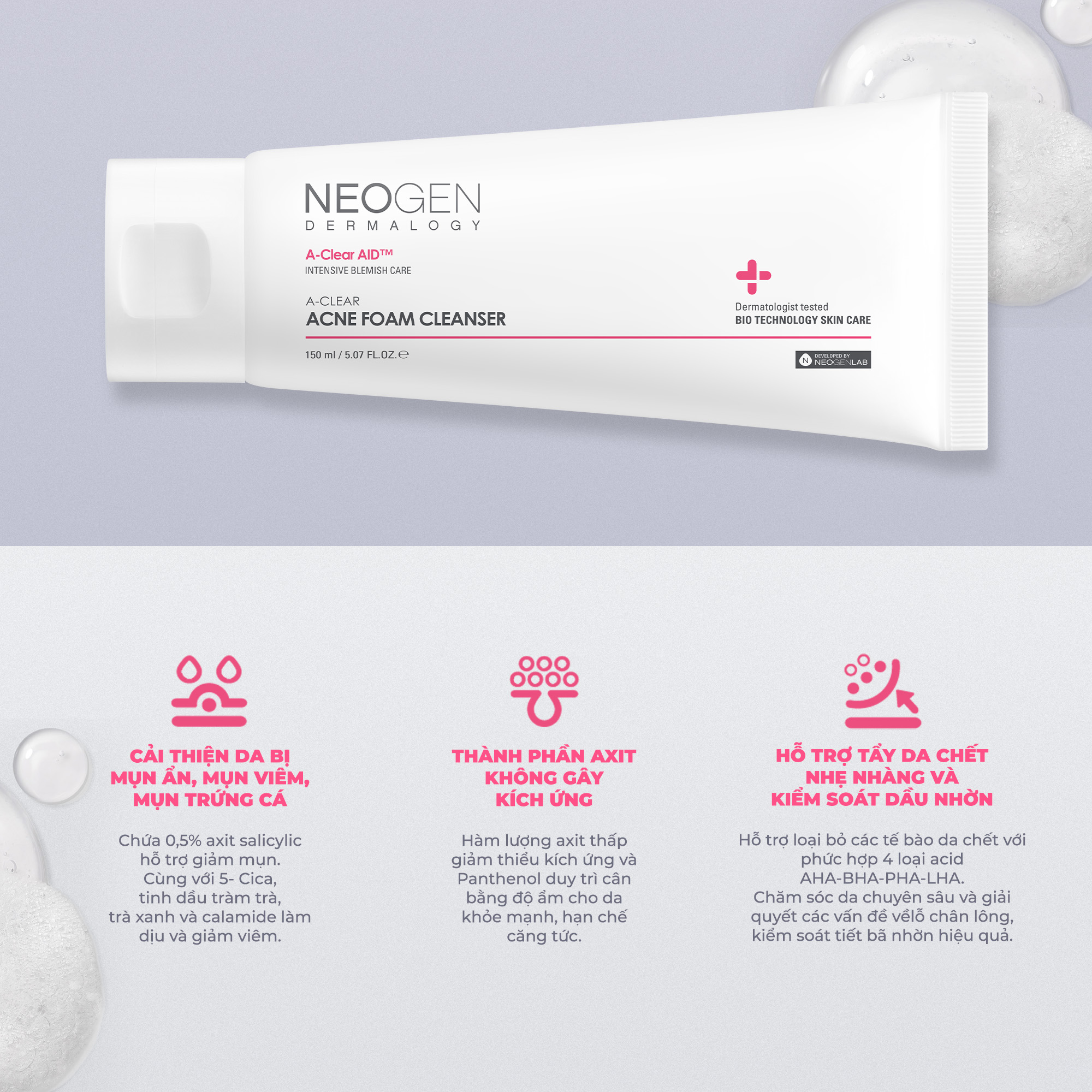 Mô tả Sữa Rửa Mặt Dạng Gel Làm Sạch Sâu Cho Da Dầu Mụn Neogen Dermalogy A-clear Acne Foam Cleanser (150ml) - 1