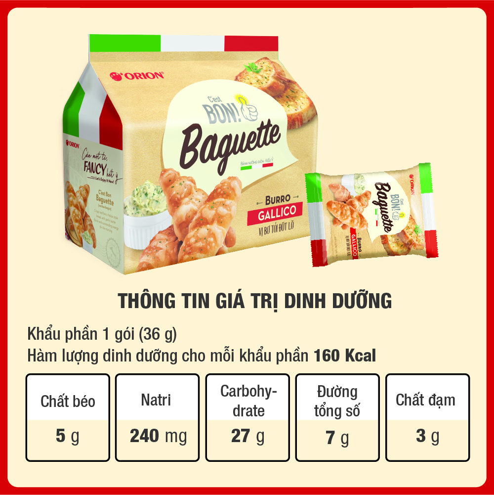 Mô tả Combo 5 gói Bánh Nướng Giòn C'est Bon Orion Baguette Vị Bơ Tỏi Đút Lò (Túi 5 gói) - 2
