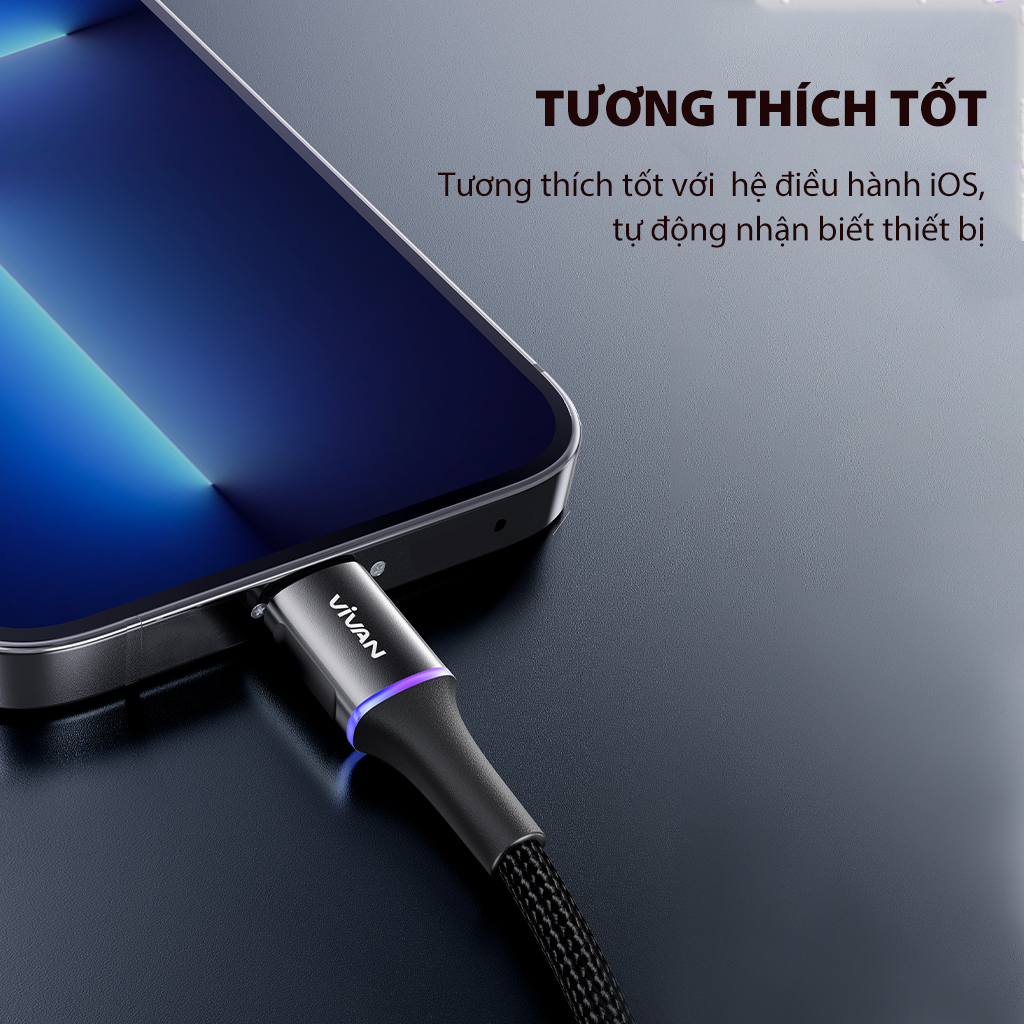 Mô tả Cáp Sạc Nhanh VIVAN VDCL120/ VDCC120 Type-C to L/ Type-C to Type-C, Led 7 Màu, Dài 120cm, Thiết Kế Chống Rối - 6